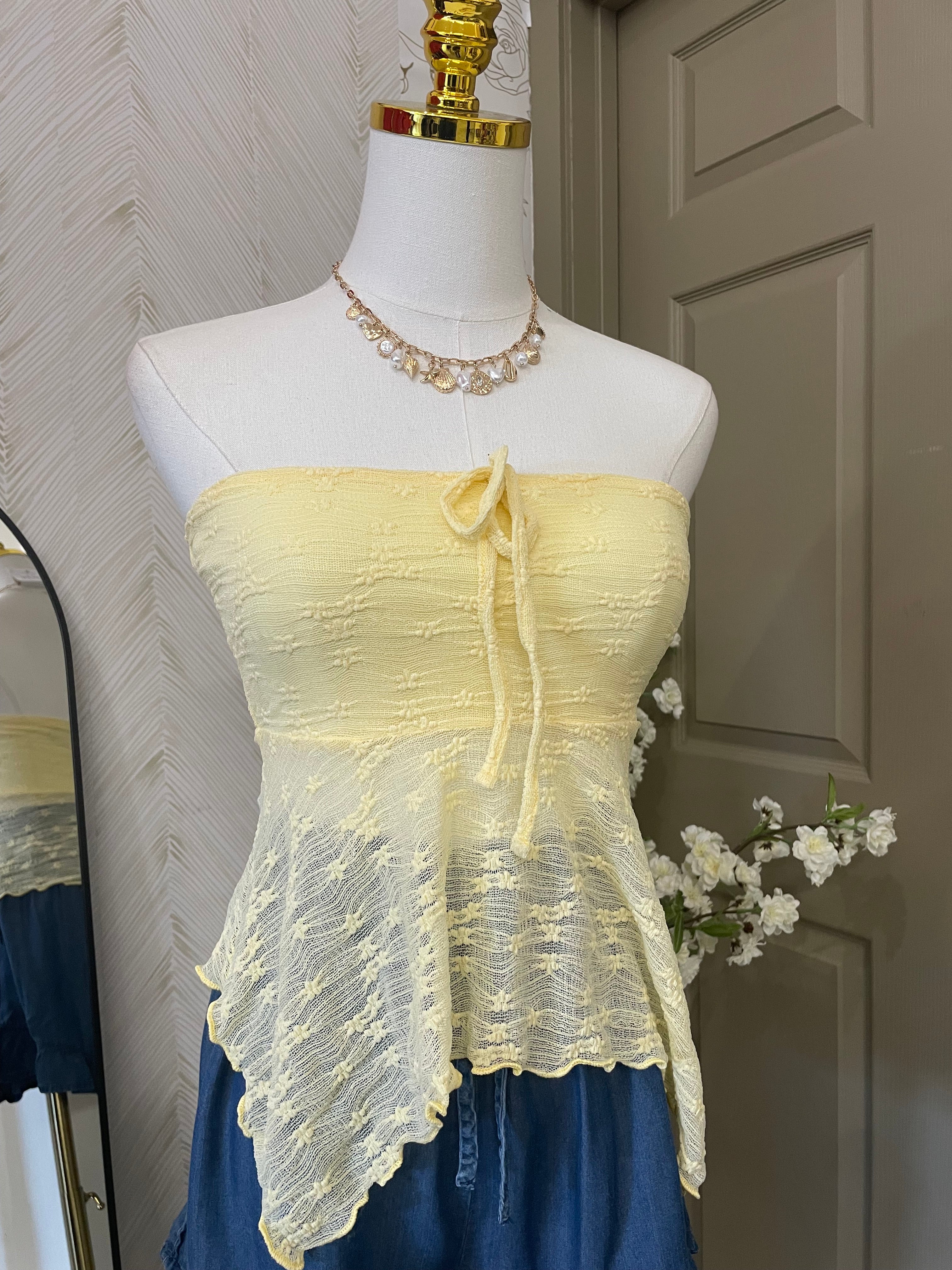 Strapless tube fly-away lace top