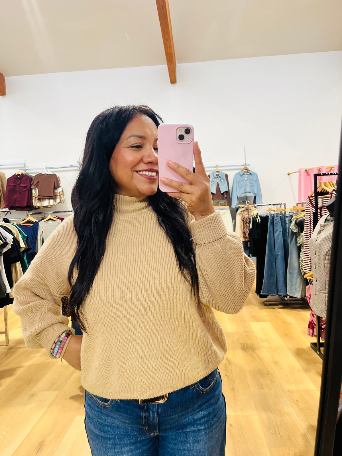 Khaki mock neck ribbed sweater