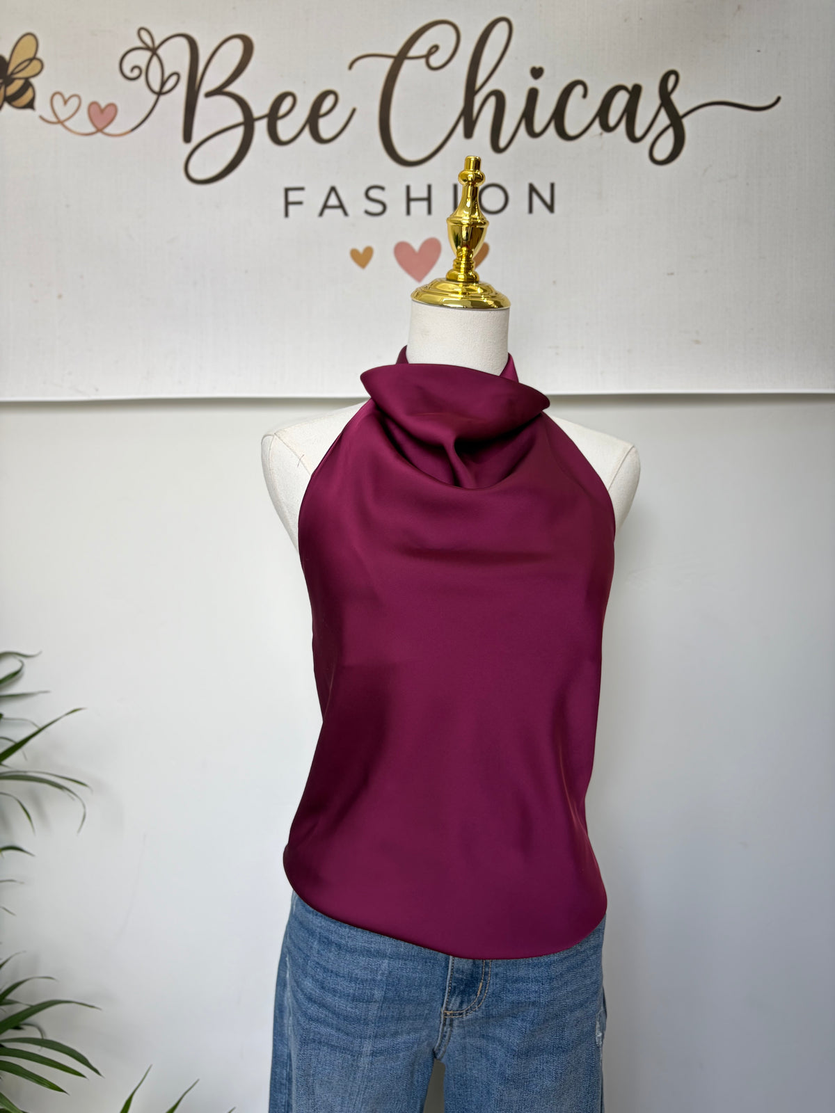 Satin Halter High Neck Top