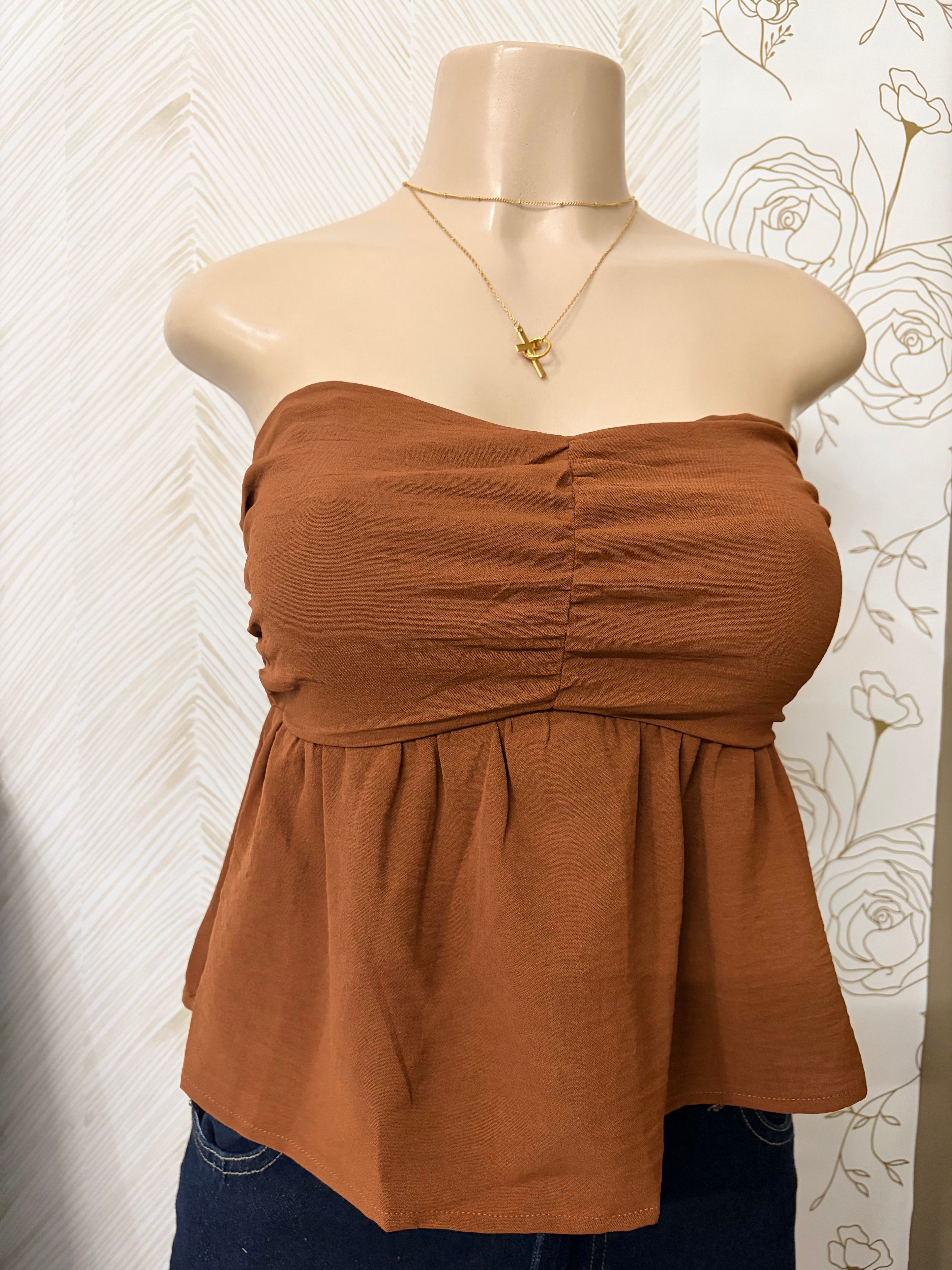 Brown Strapless Babydoll Top