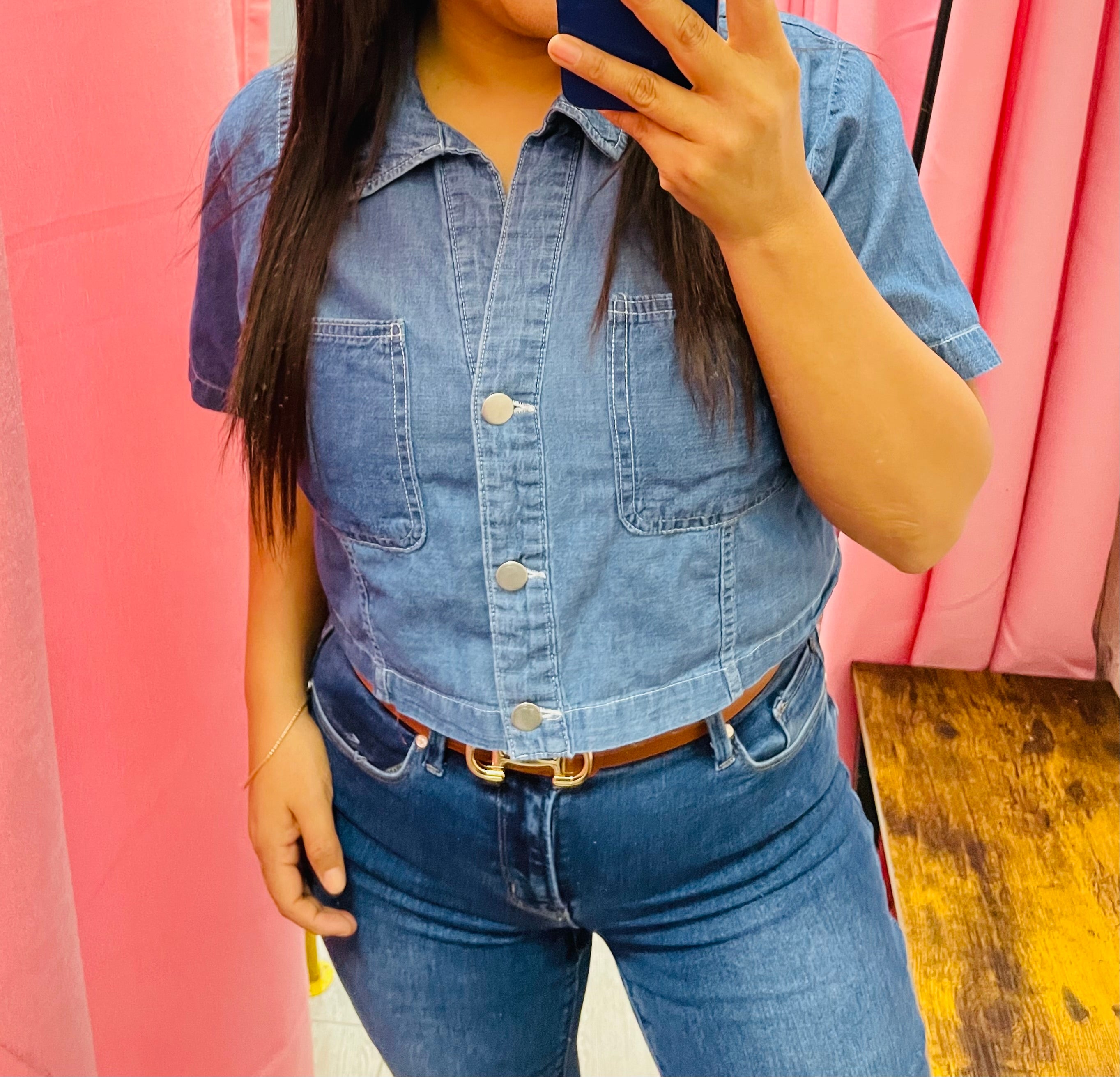 Collared button down denim top