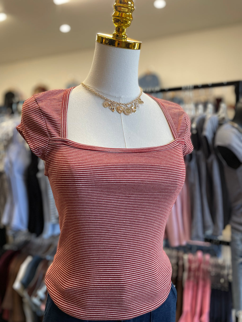 Ruby/Soft White Stripe Square Neck Sleeve Top