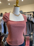 Ruby/Soft White Stripe Square Neck Sleeve Top