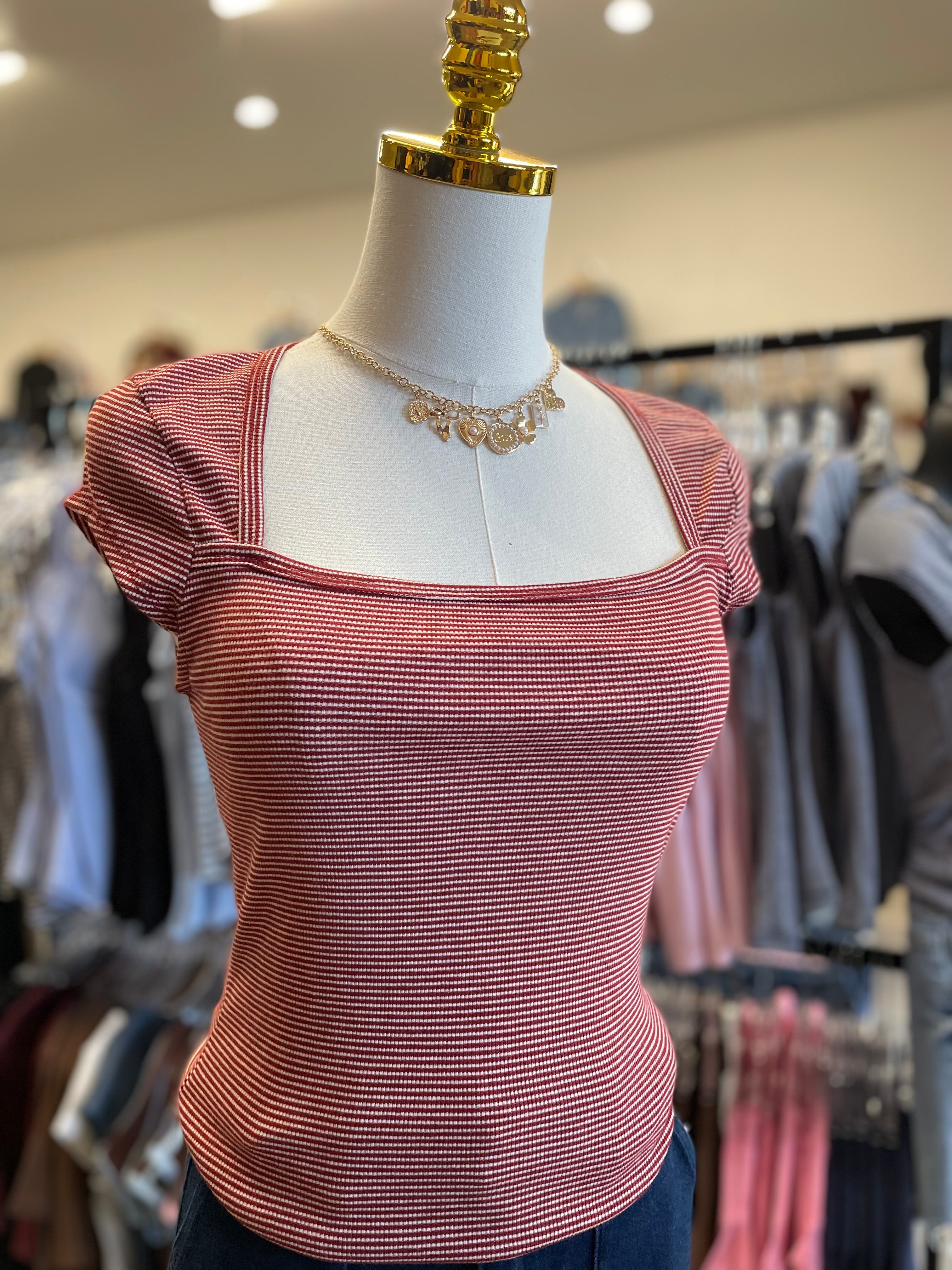 Ruby/Soft White Stripe Square Neck Sleeve Top