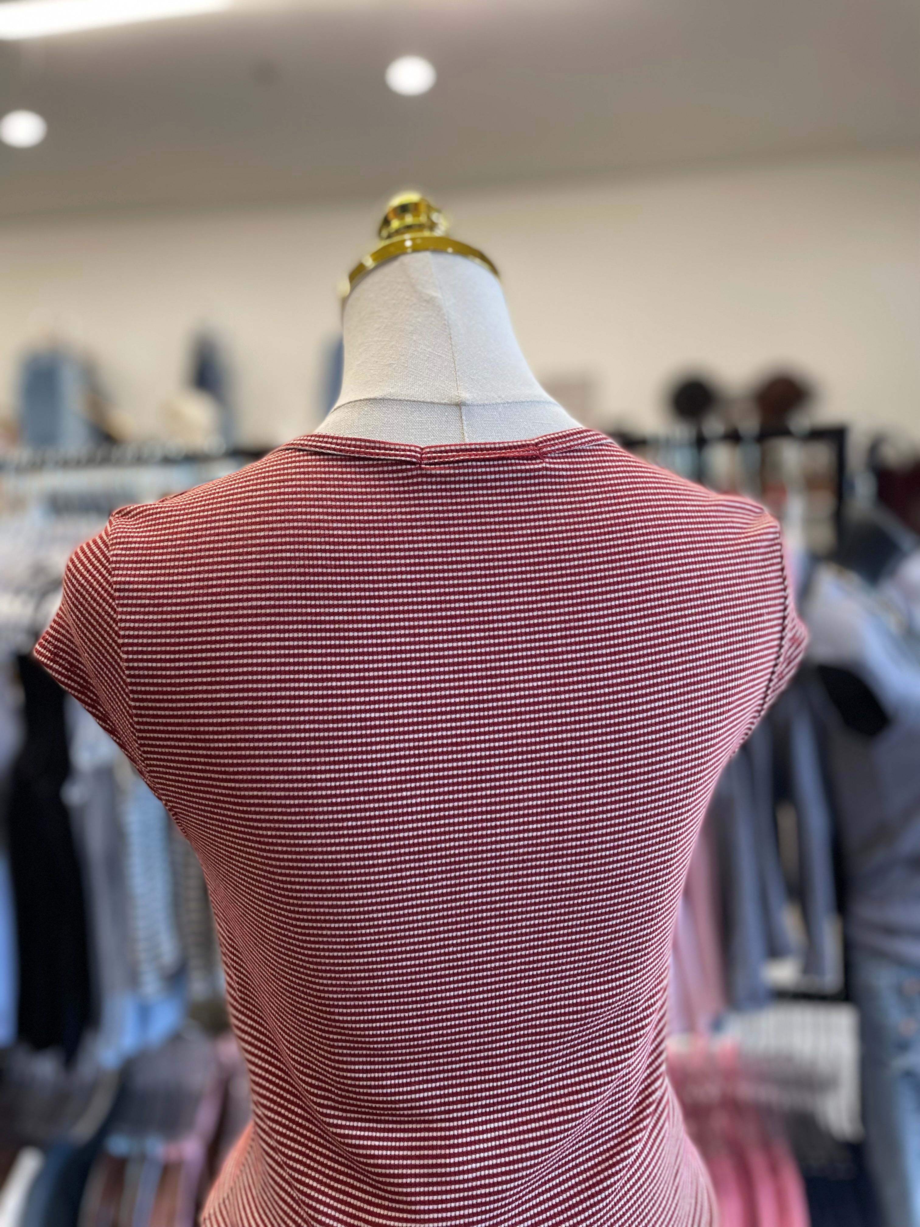 Ruby/Soft White Stripe Square Neck Sleeve Top