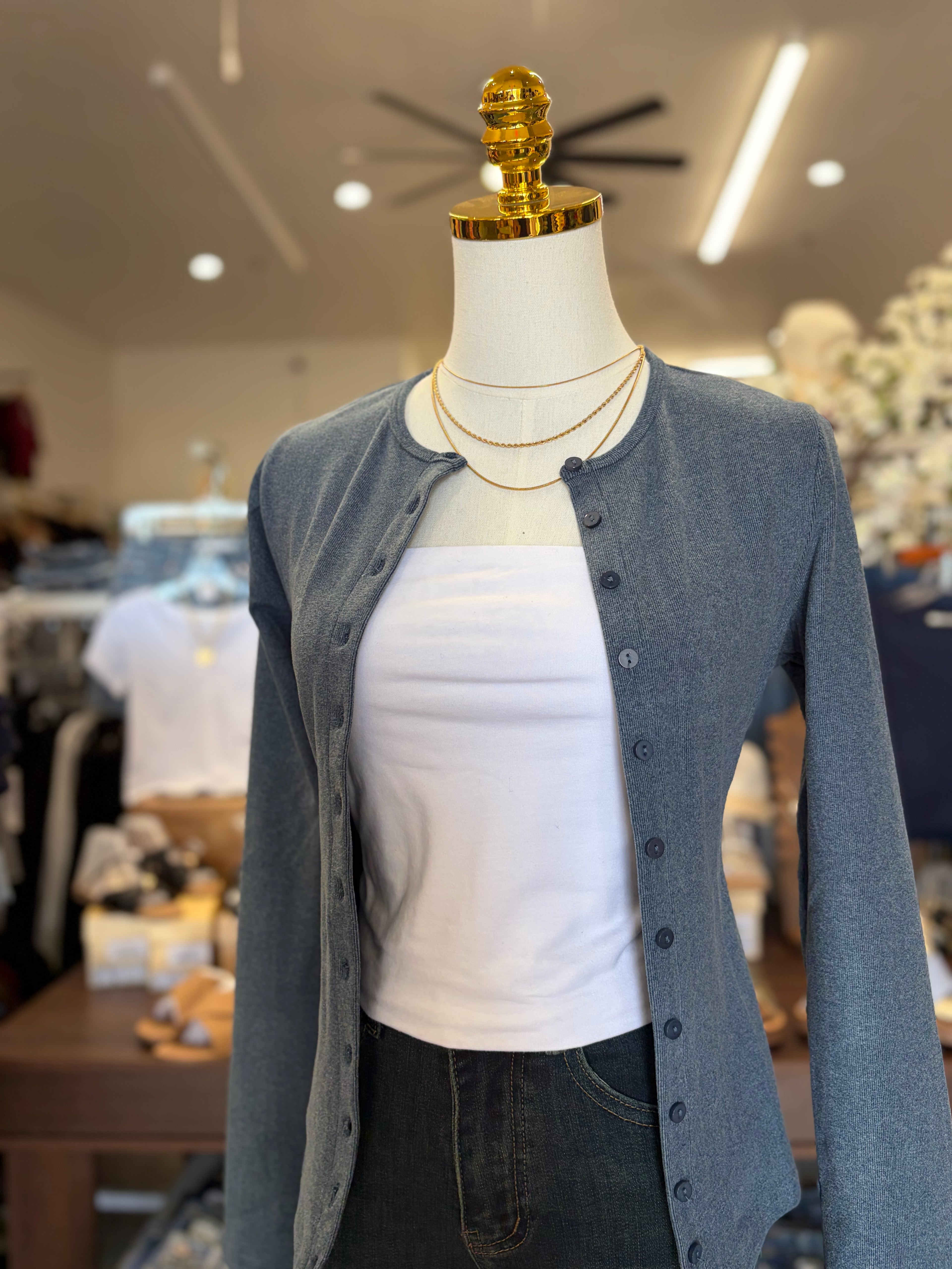 Denim Blue Round Neck Button Down Top