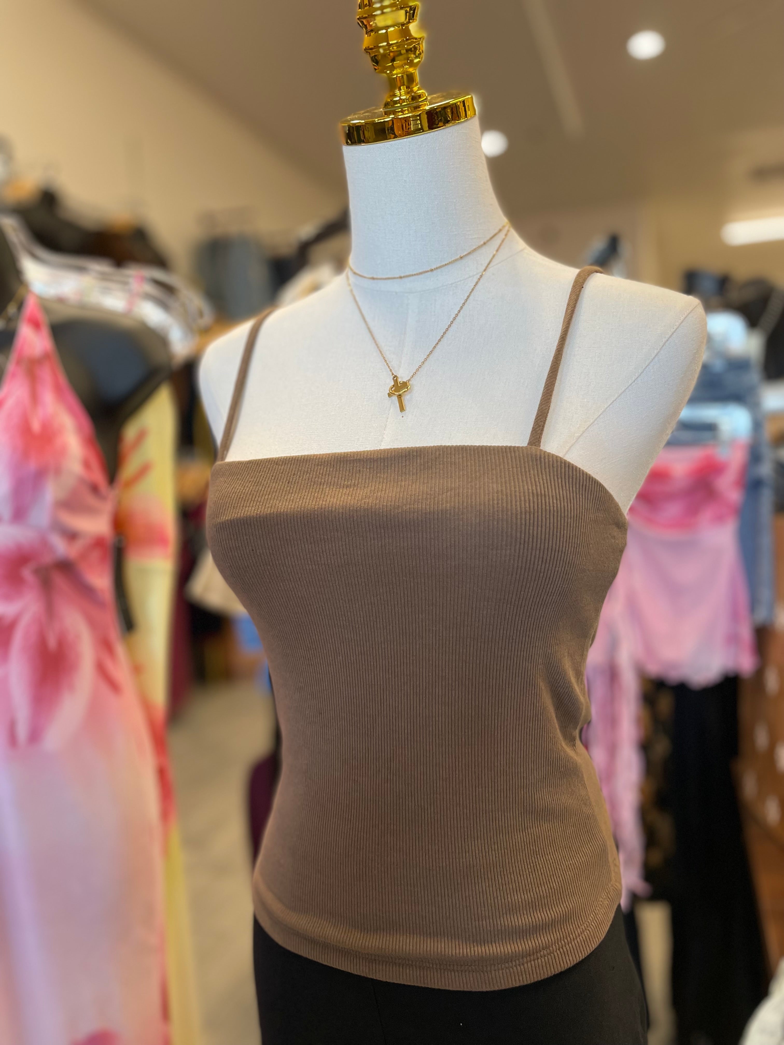 Slit Brown Rib Cami Top
