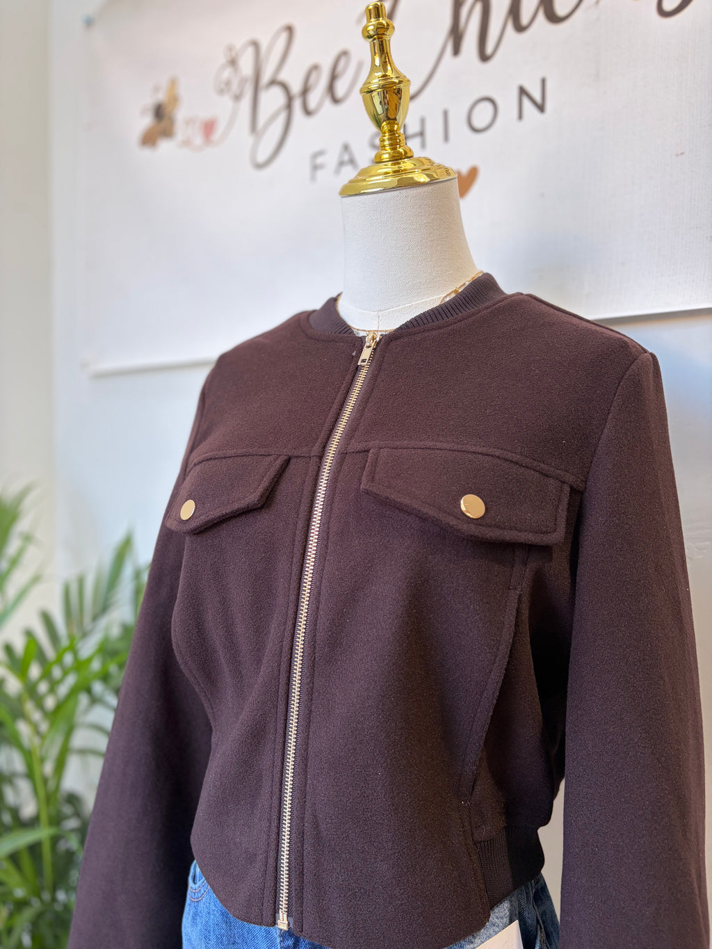 Brown Crew Neck Felt Jacket