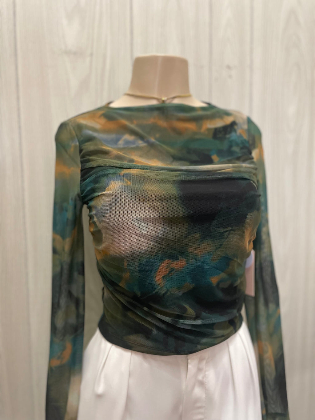 Jade/Tan Printed Mesh Long sleeve