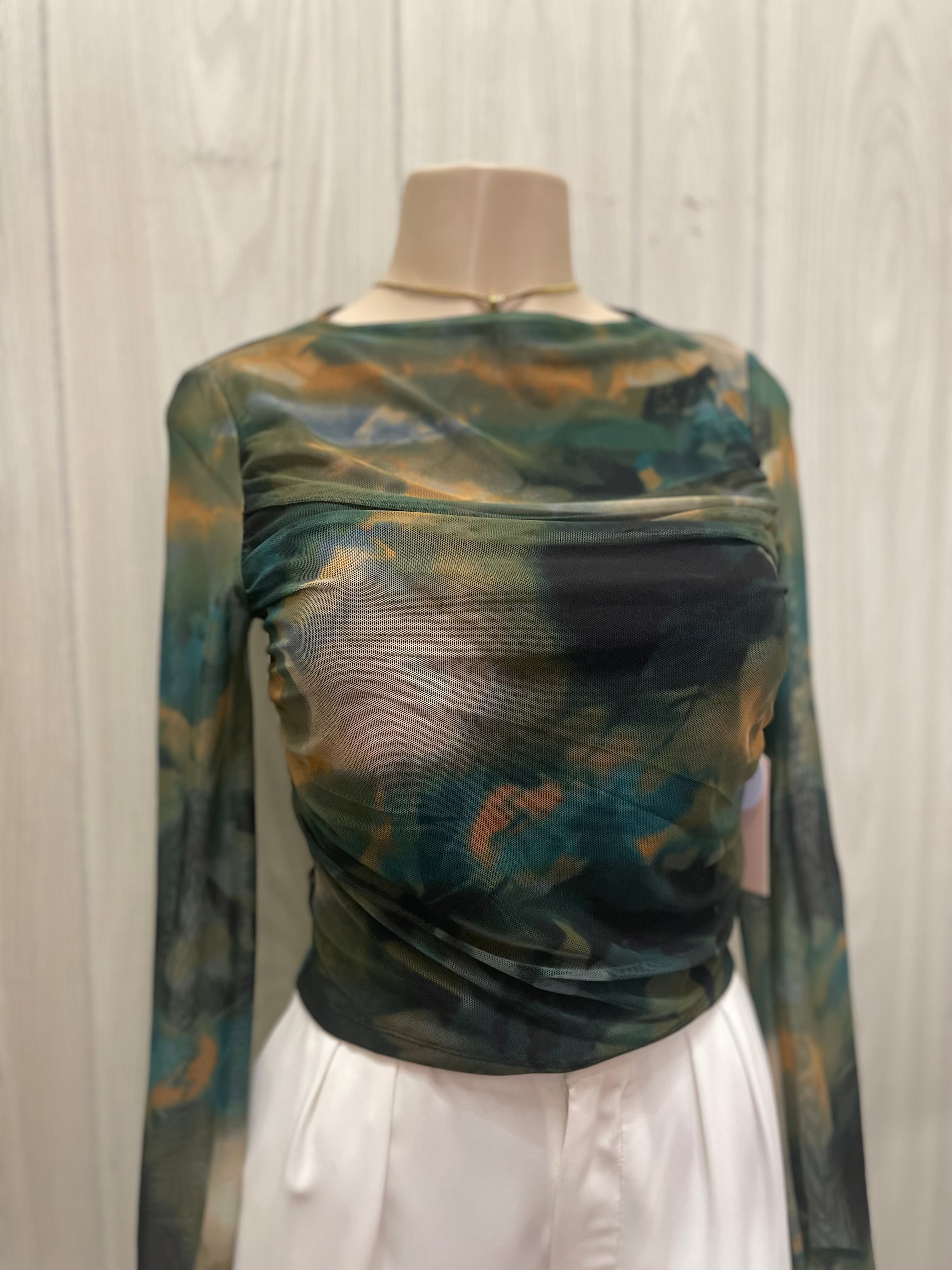 Jade/Tan Printed Mesh Long sleeve