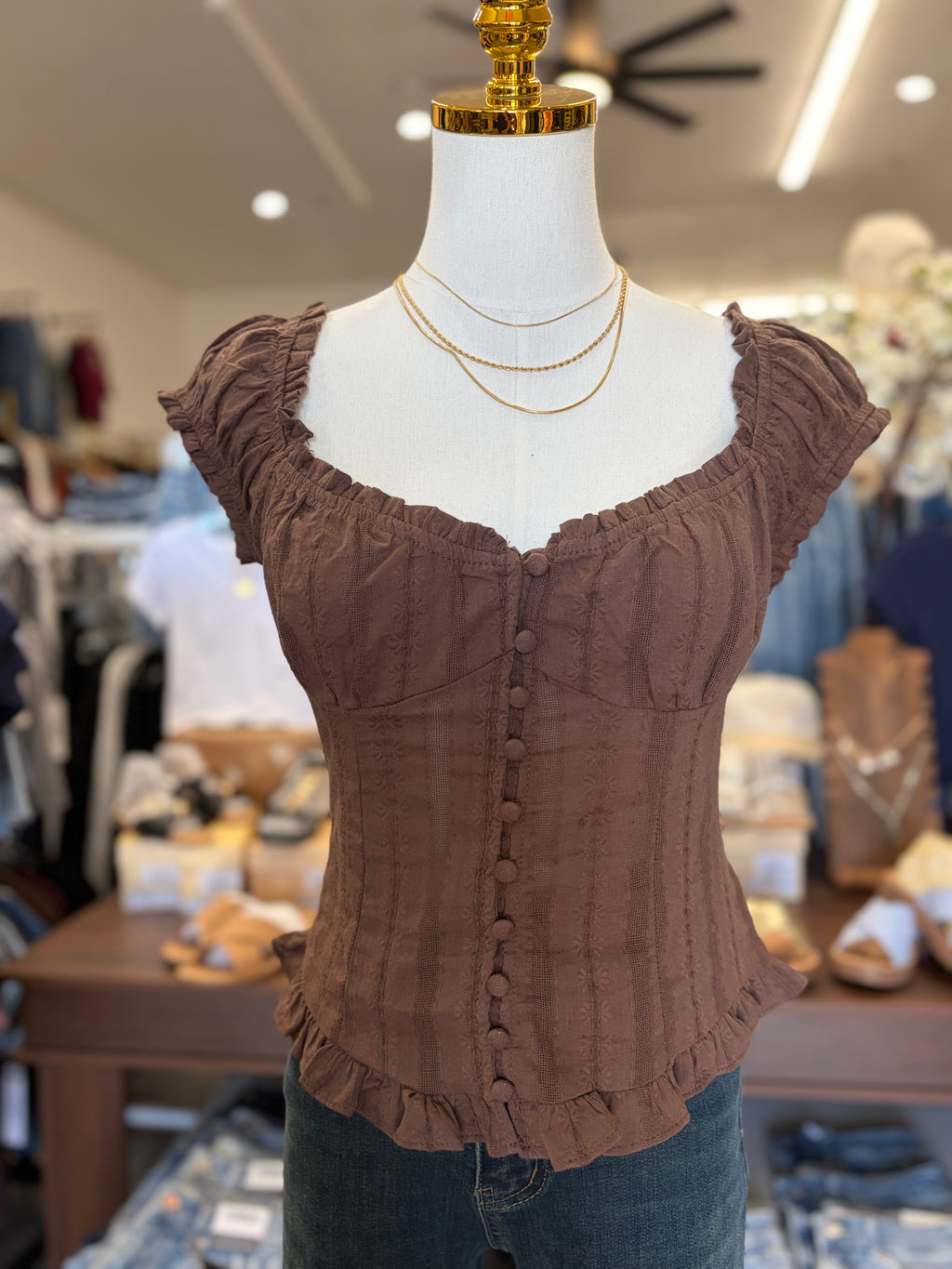 Brown Ruffle Trim Top
