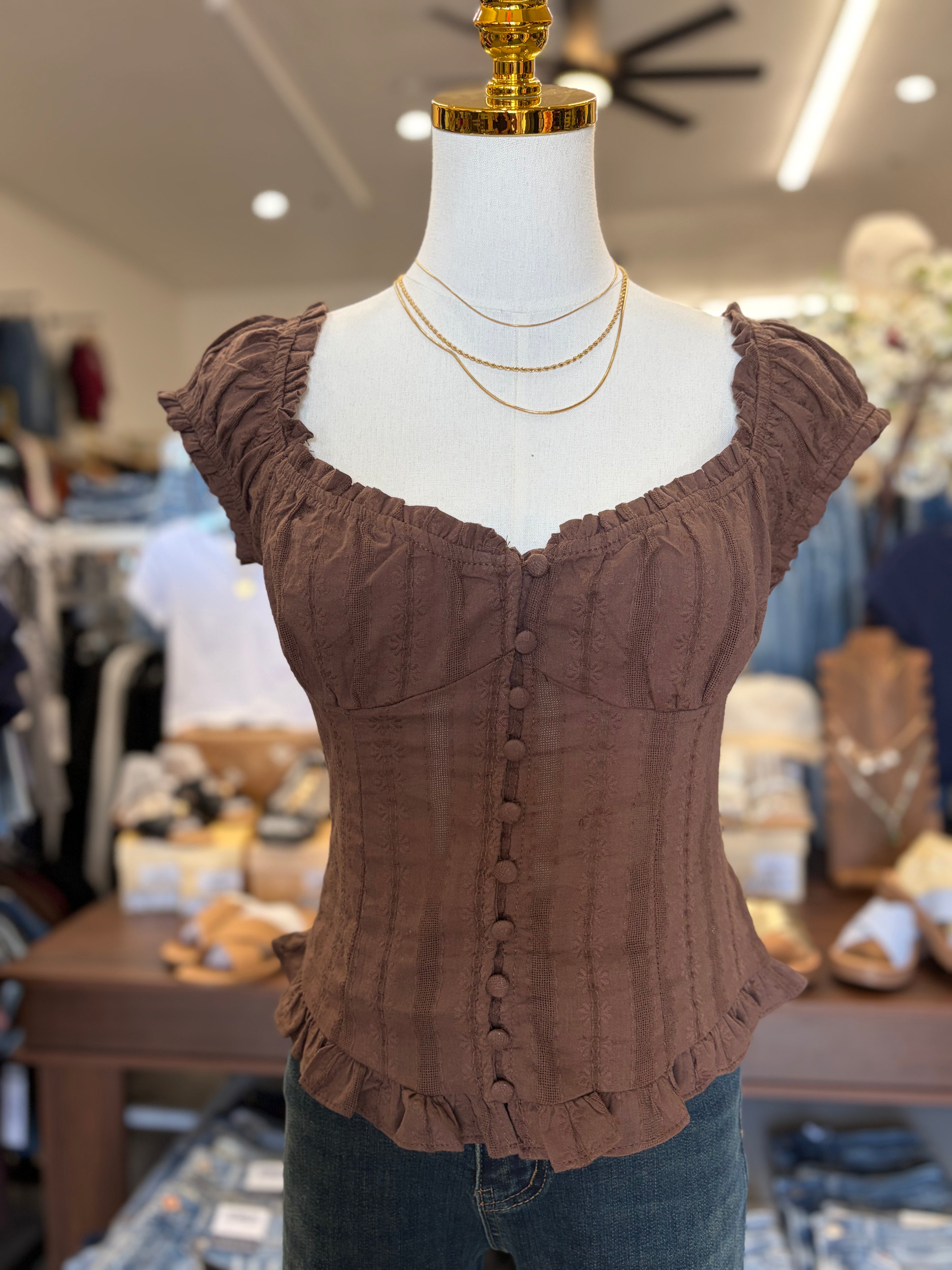 Brown Ruffle Trim Top