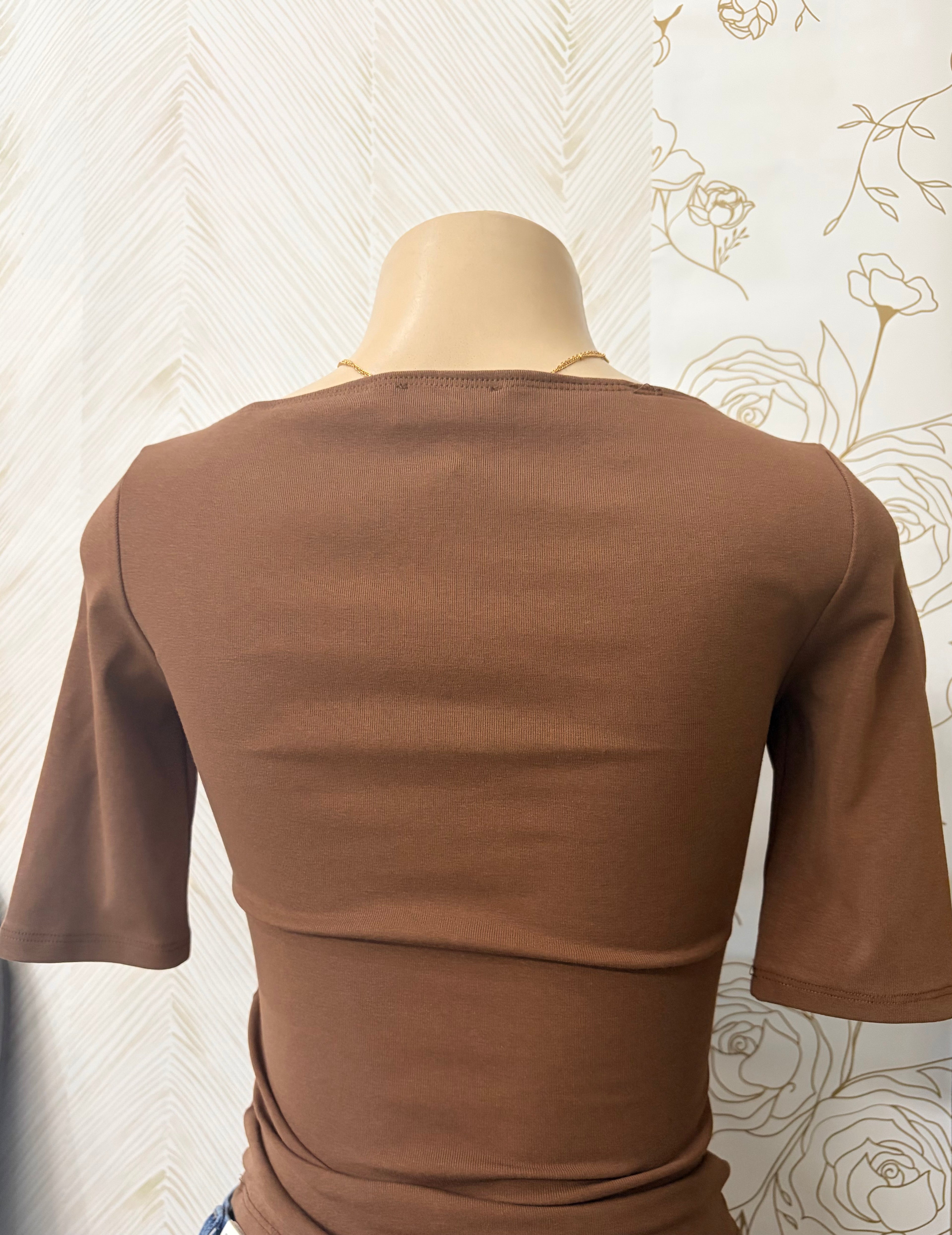 Brown Boat Neck 1/2 Sleeve Top