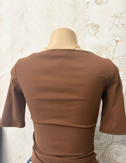 Brown Boat Neck 1/2 Sleeve Top