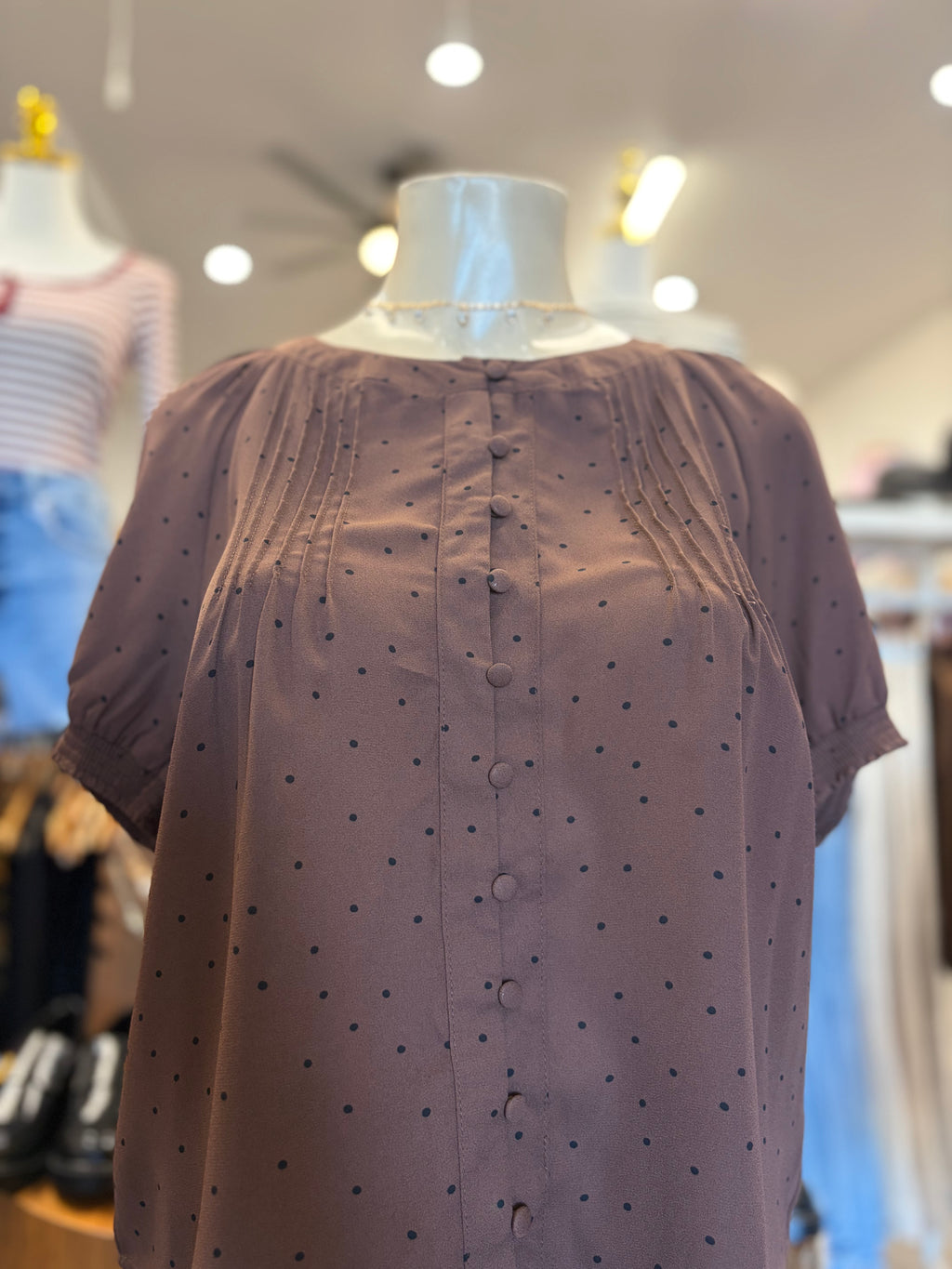 Polka Dot Button Down Puff Sleeve Top