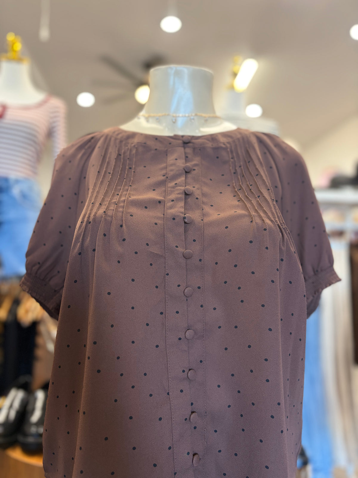 Polka Dot Button Down Puff Sleeve Top