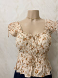 Beige Floral Waist Ruffled Top