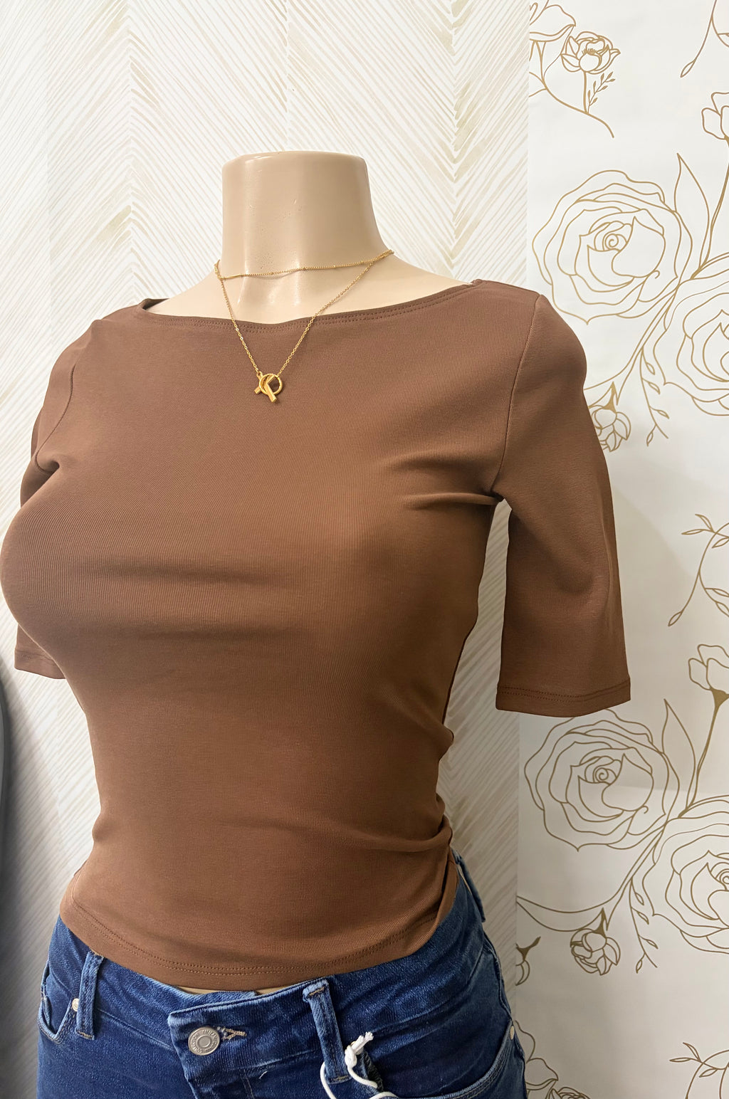 Brown Boat Neck 1/2 Sleeve Top