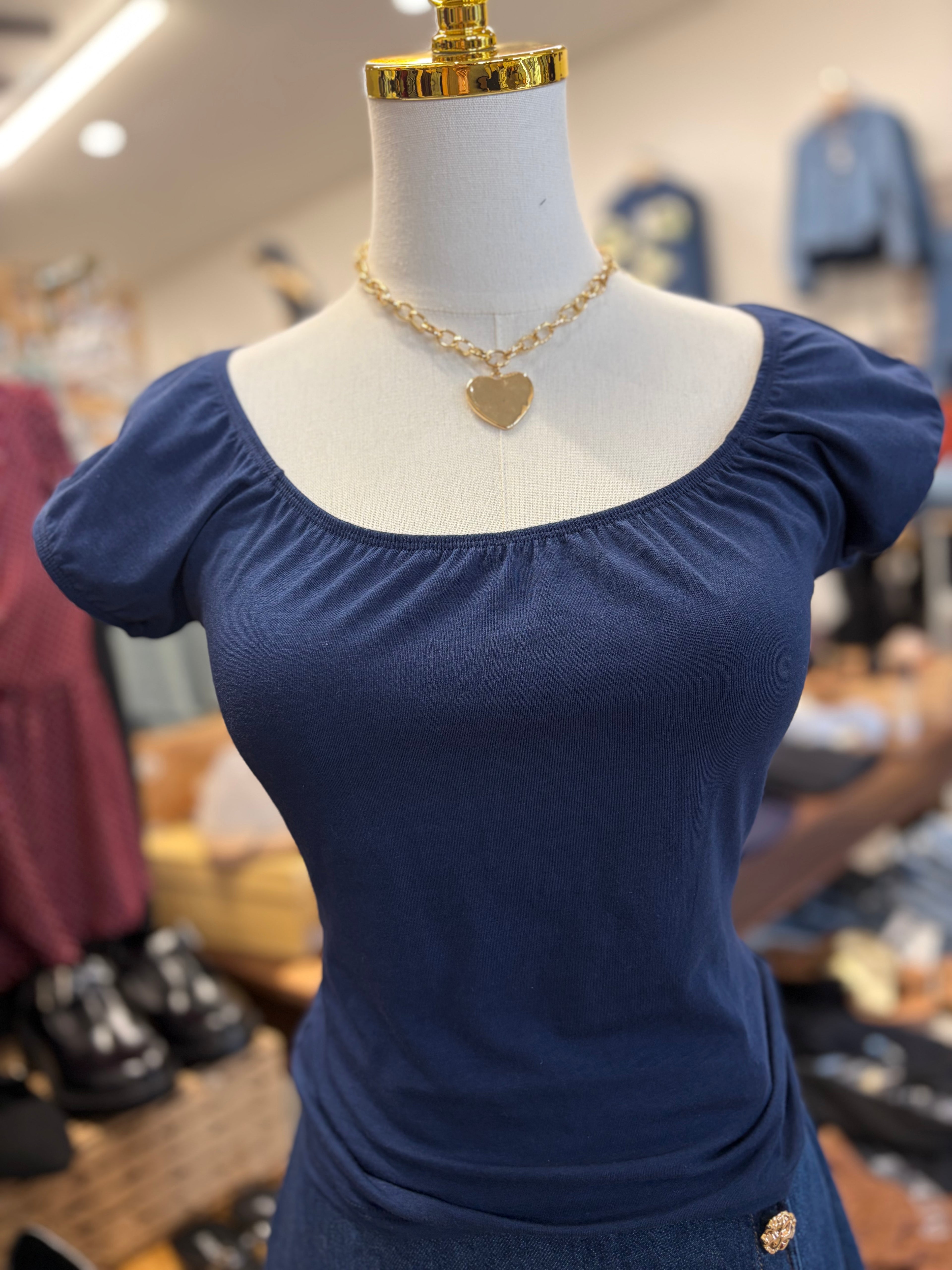 Navy Bubble Cap Sleeve Top