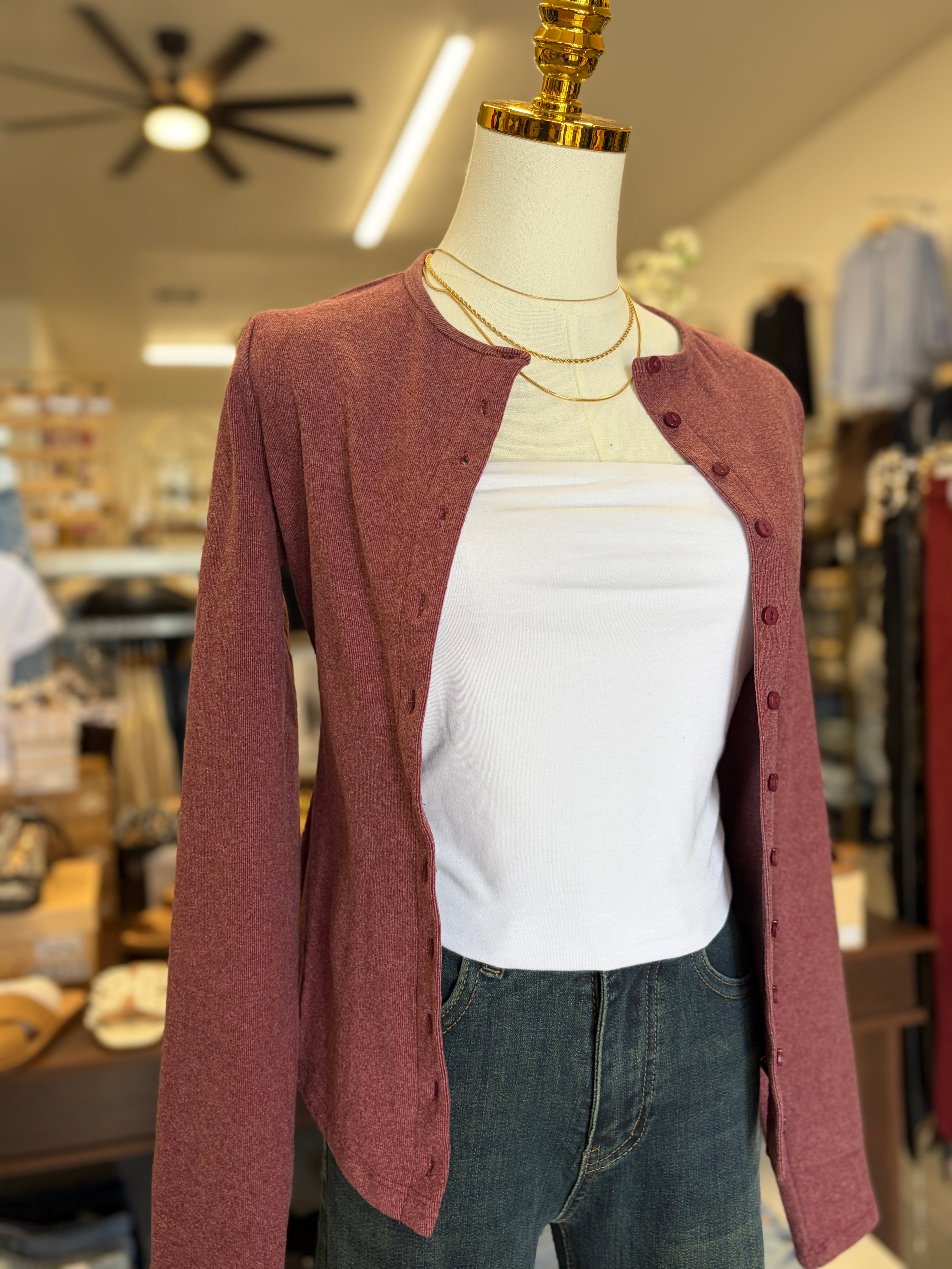Wine Round Neck Button Down Top