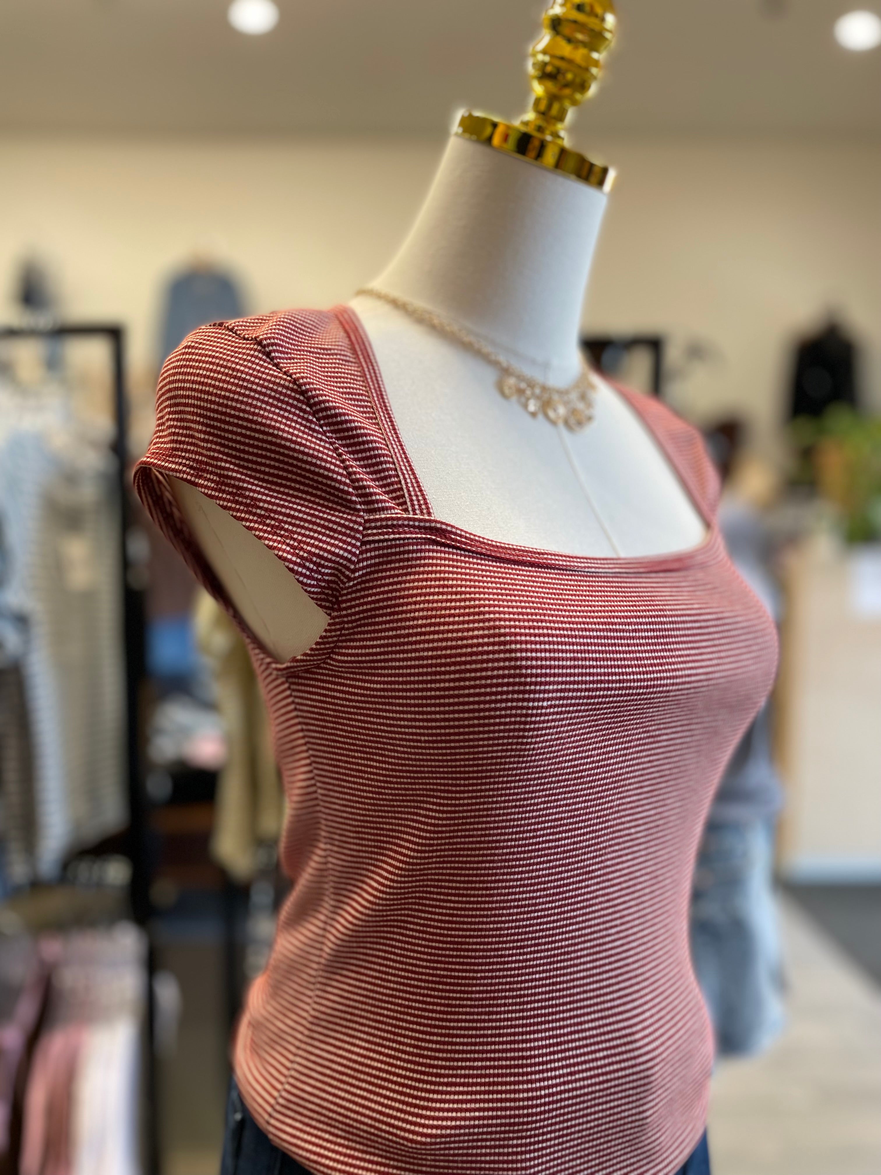 Ruby/Soft White Stripe Square Neck Sleeve Top