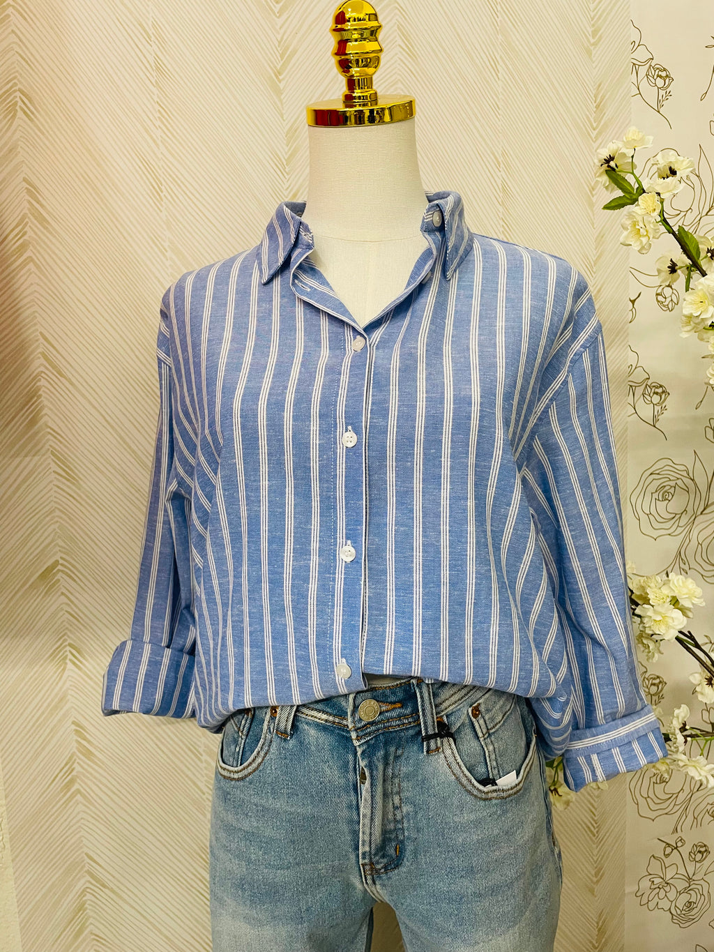 Blue stripe oversized button down shirt