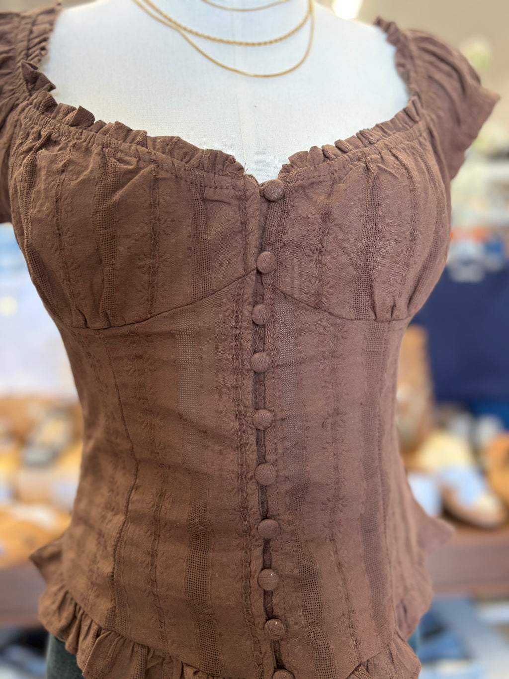 Brown Ruffle Trim Top