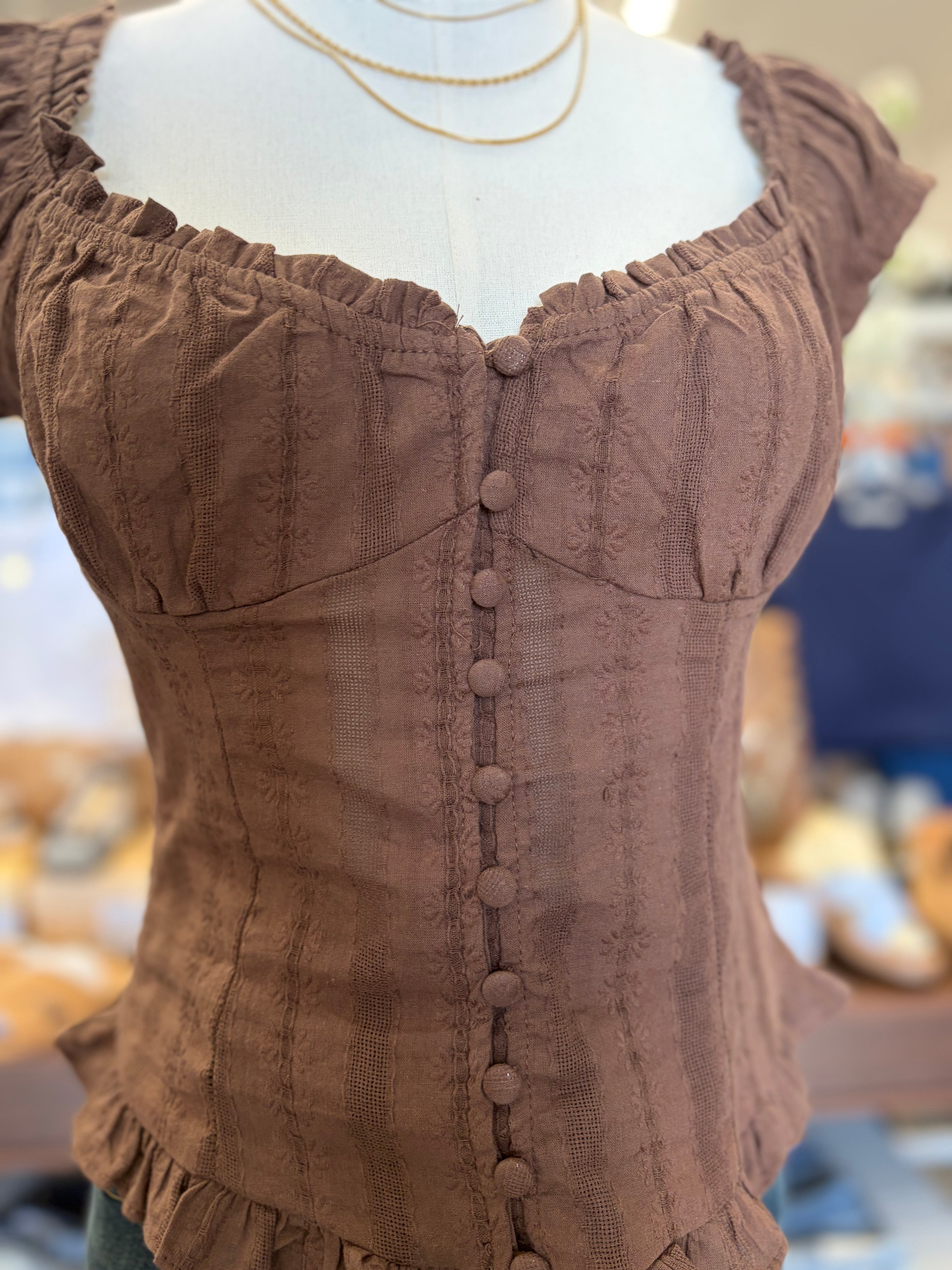 Brown Ruffle Trim Top