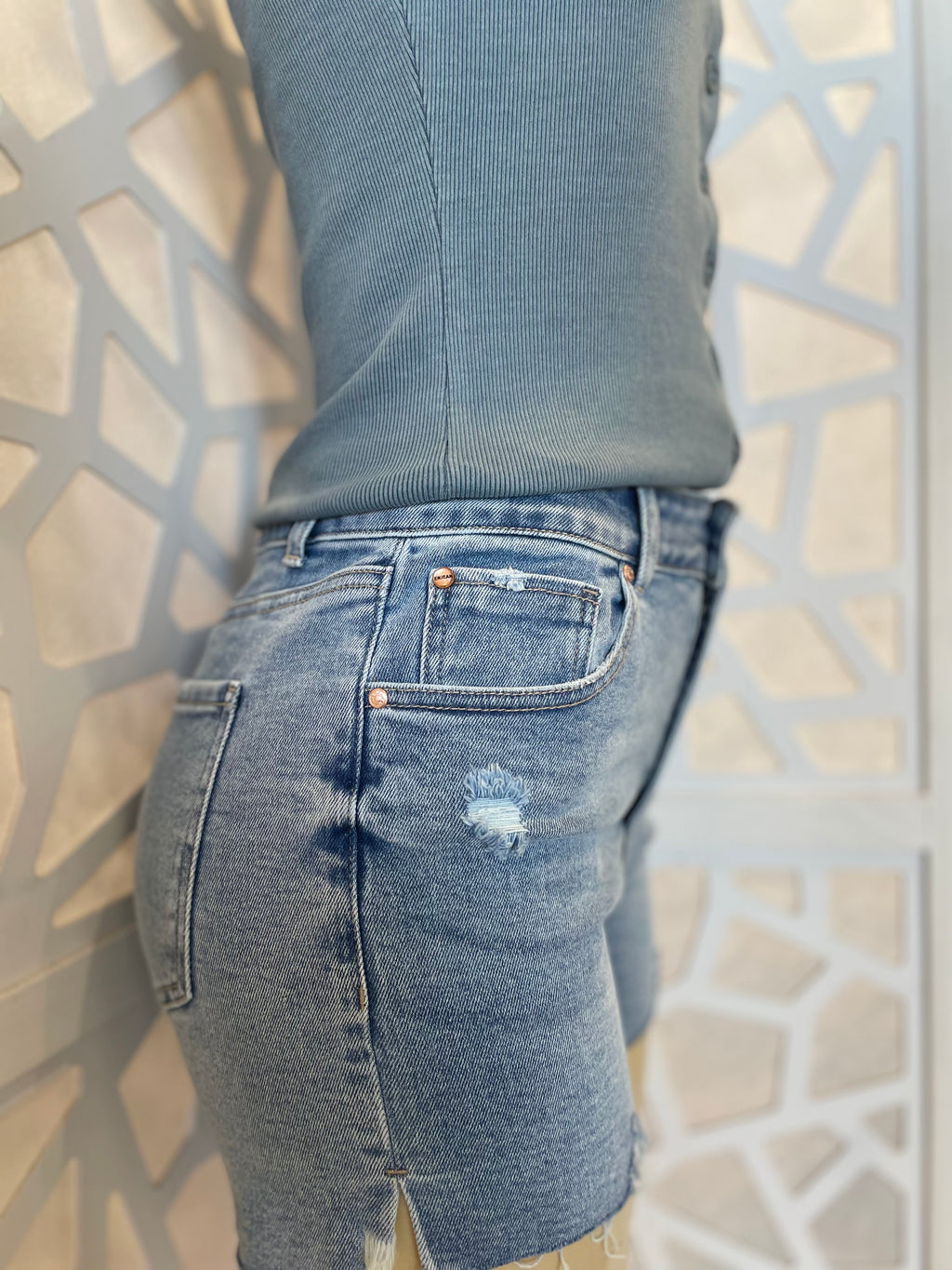 Light Blue High Rise Distressed Cut Off Shorts