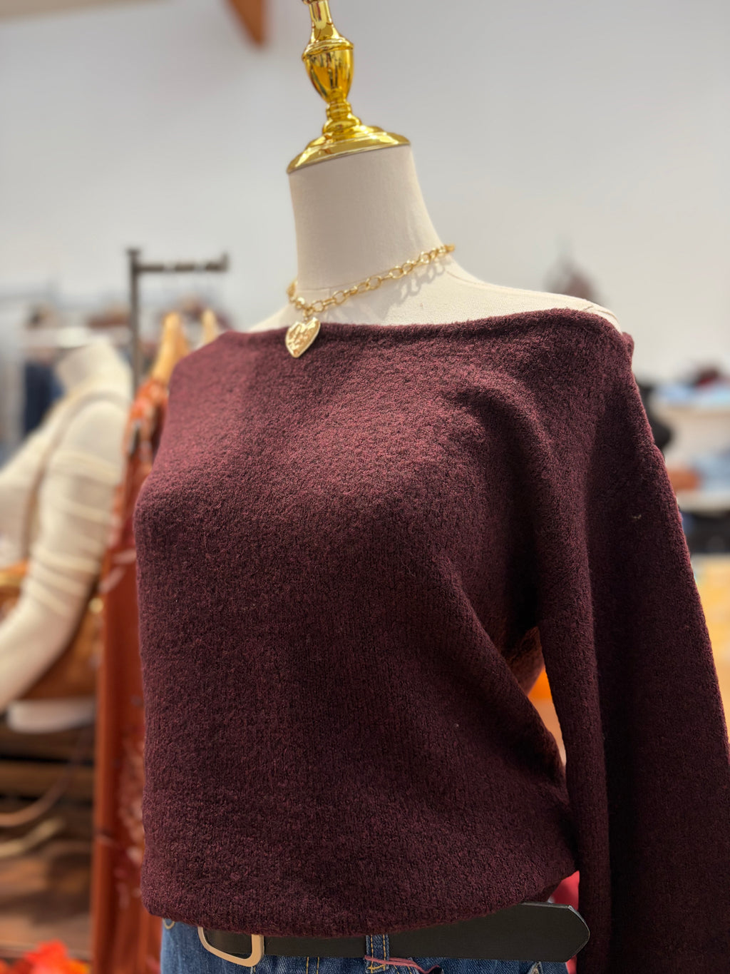 Burgundy Asymmetrical Neckline Sweater