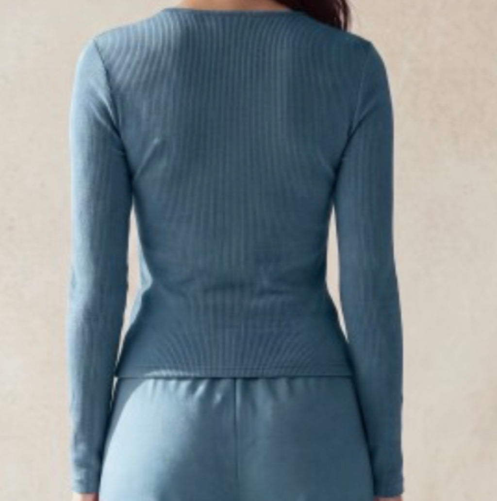 Denim Blue Round Neck Button Down Top