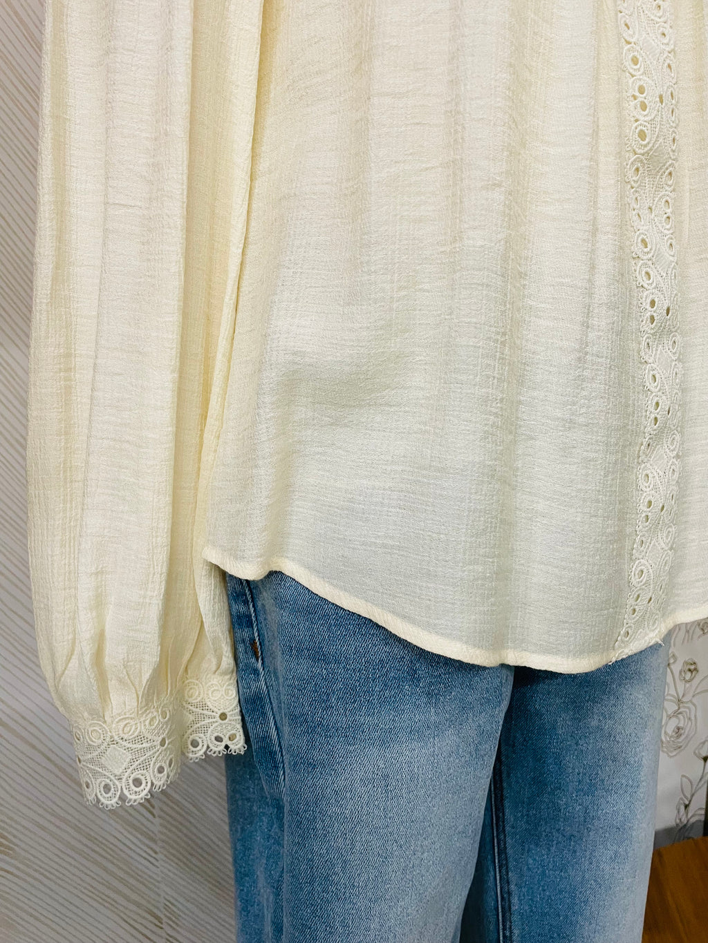 Lace detail round neck long sleeve blouse