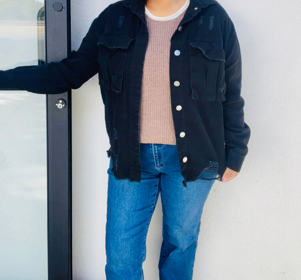 Oversized distressed denim jacket