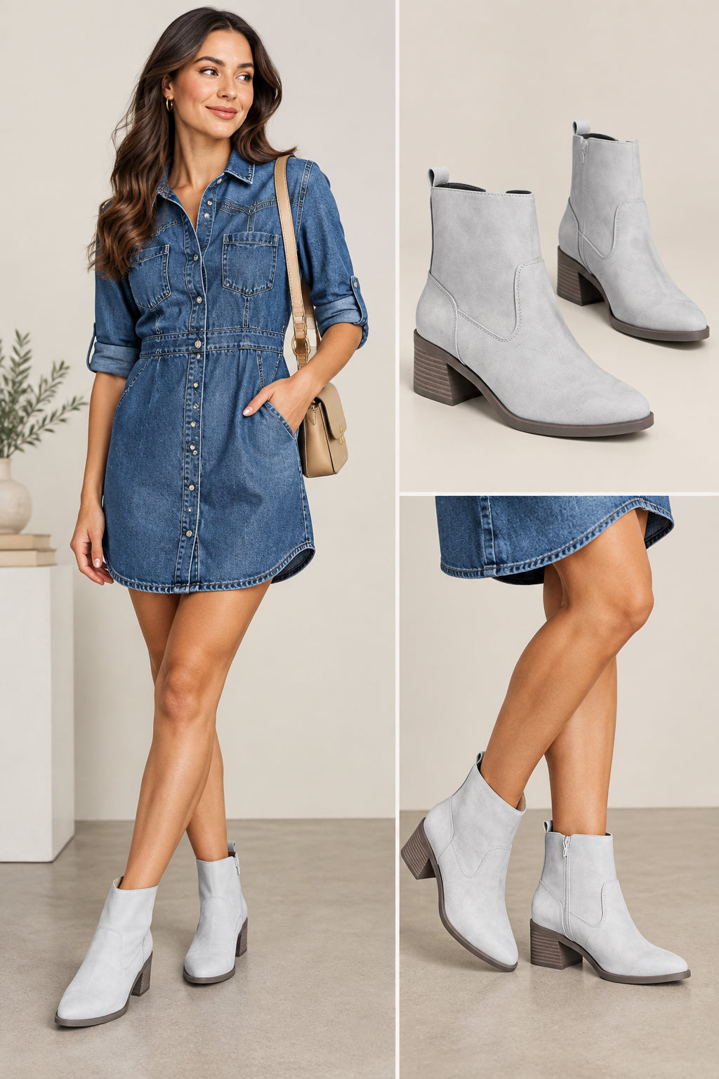 Beige low heel ankle boot
