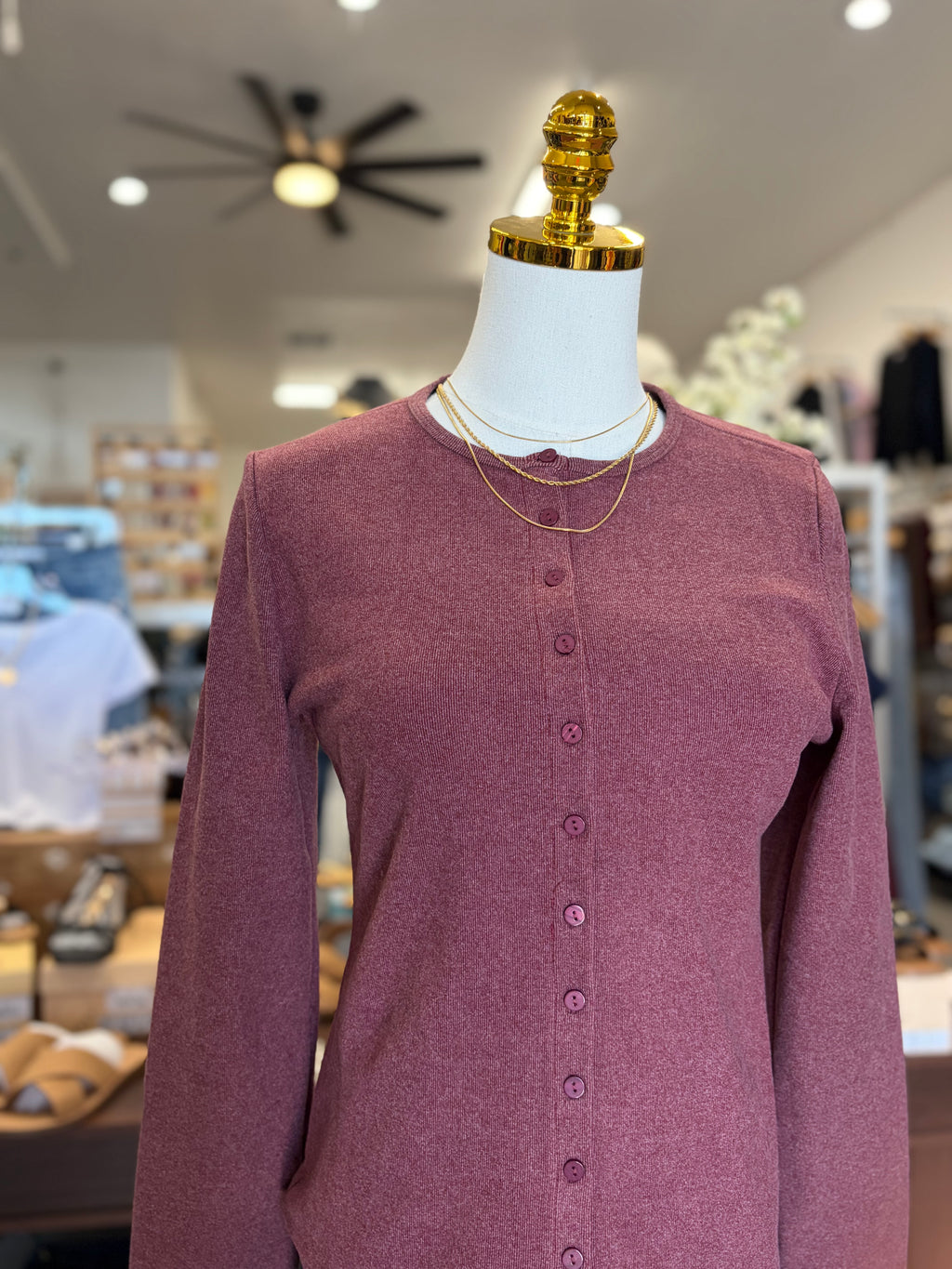 Wine Round Neck Button Down Top