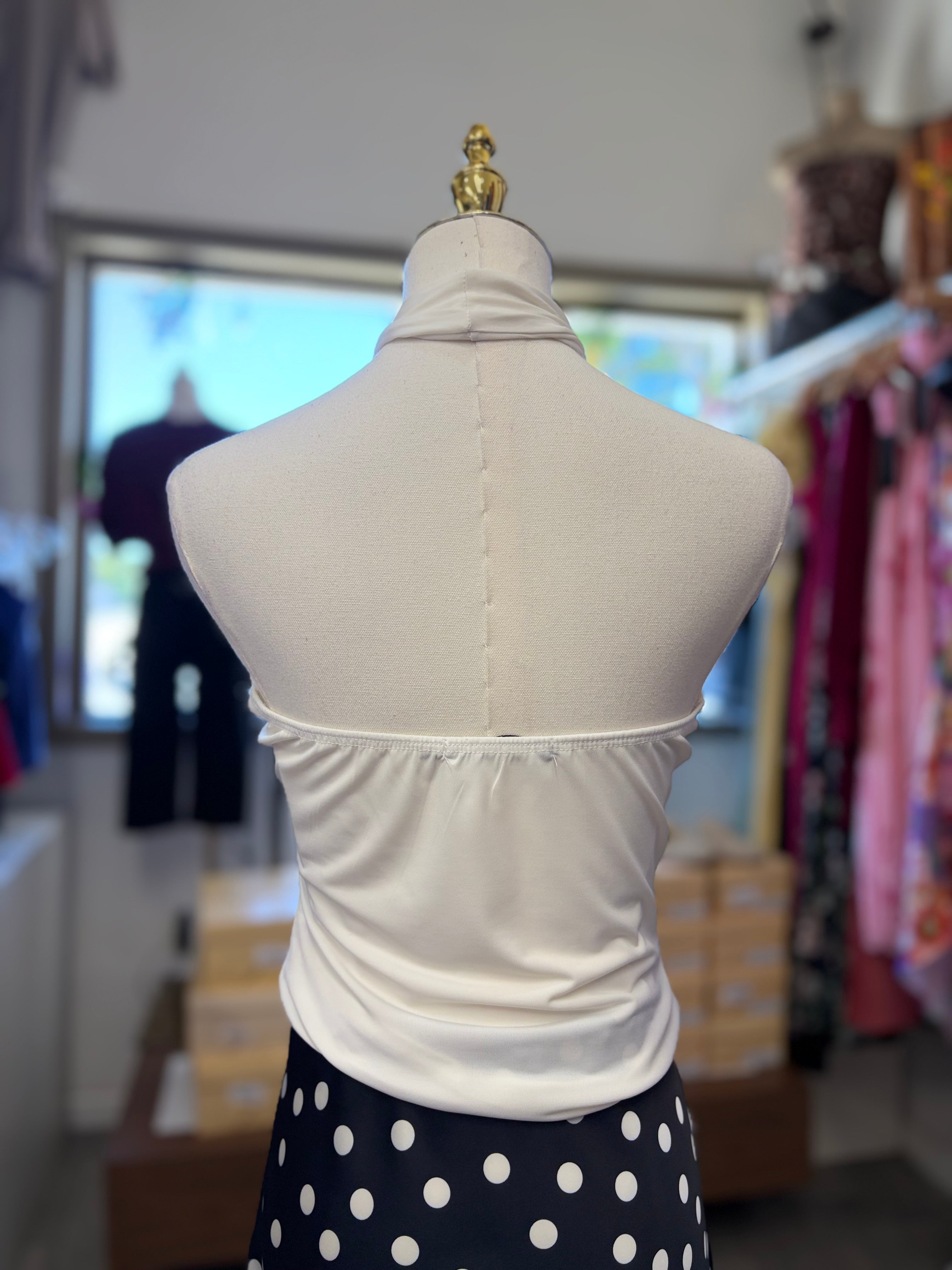 White Shell Trim Cut Out Halter Tank Top