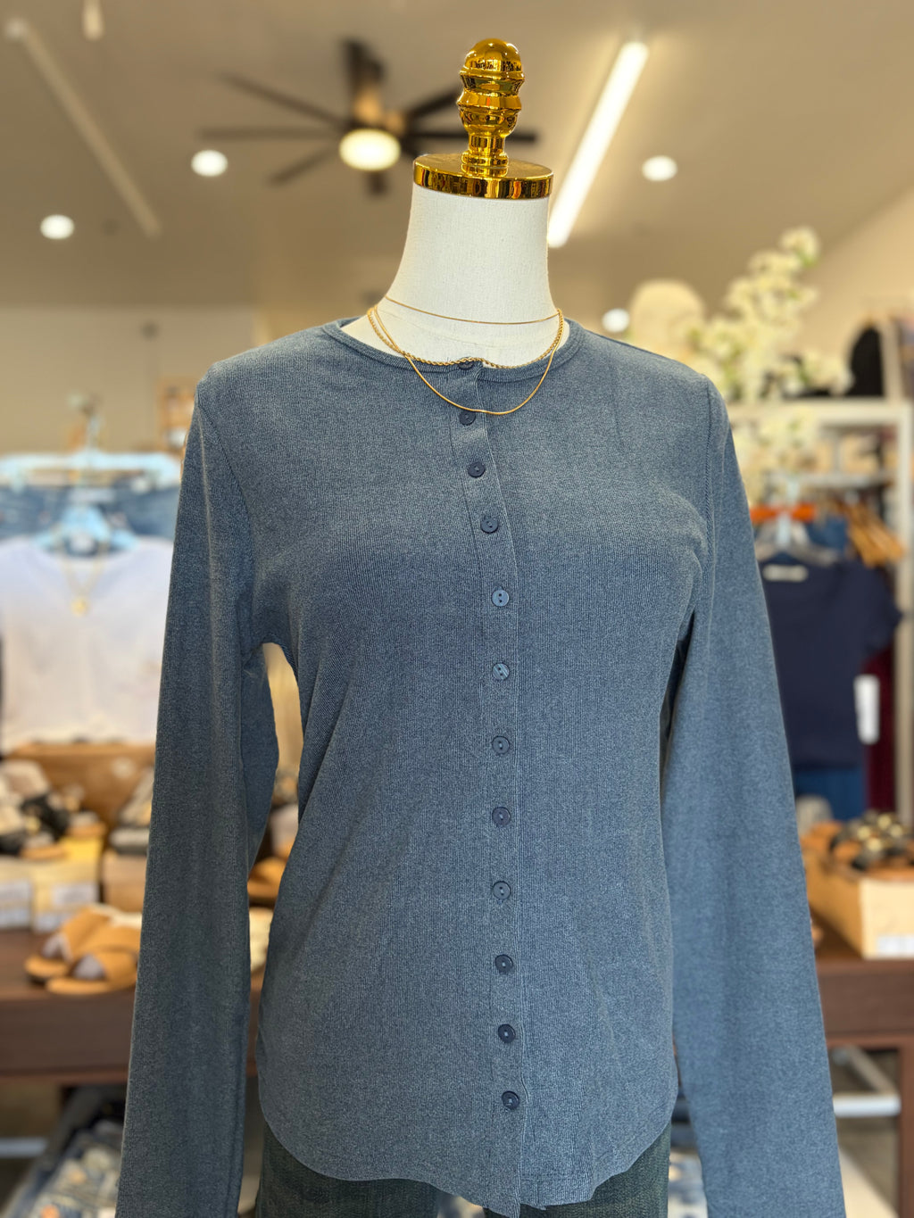 Denim Blue Round Neck Button Down Top
