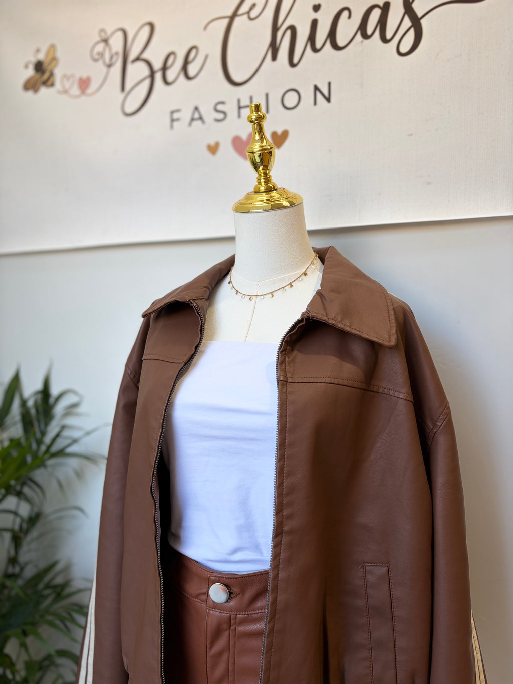 Brown Racer Detail Faux Leather Jacket