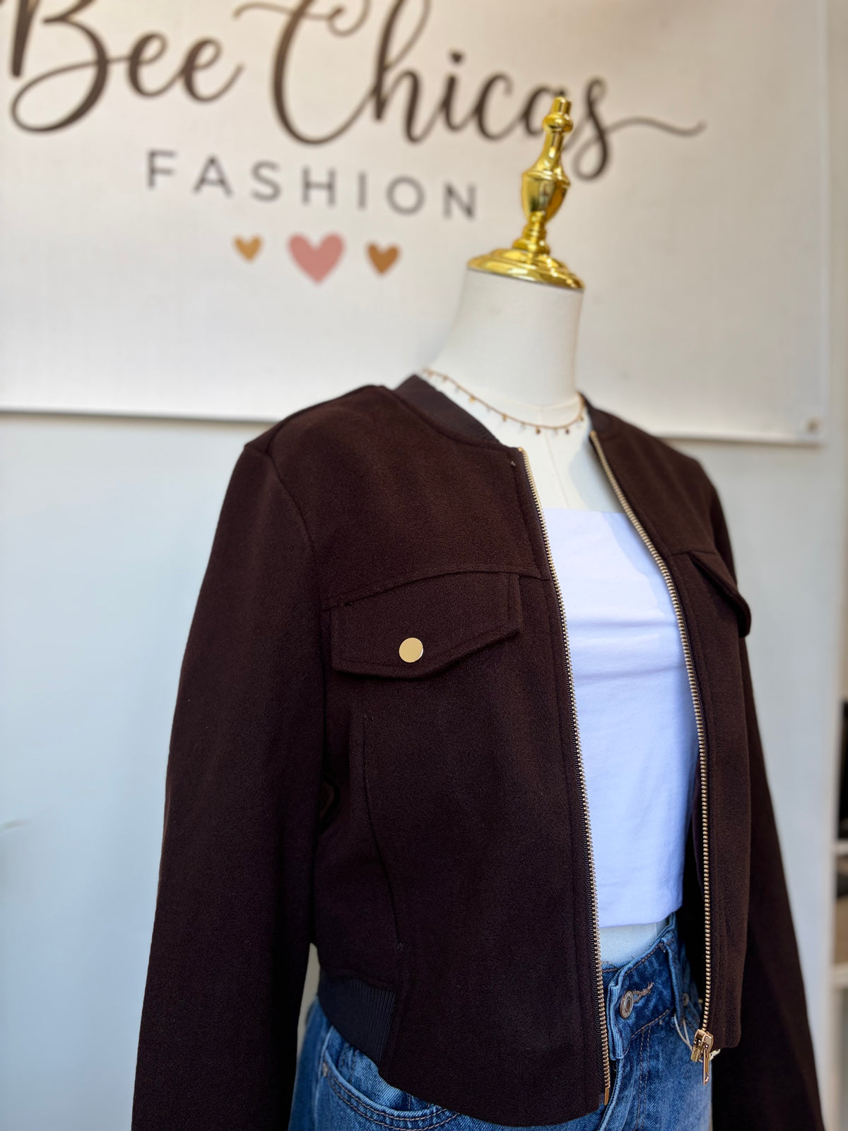 Brown Crew Neck Felt Jacket