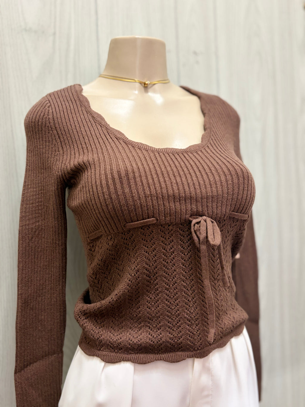 Brown Ribbon Sweater Top