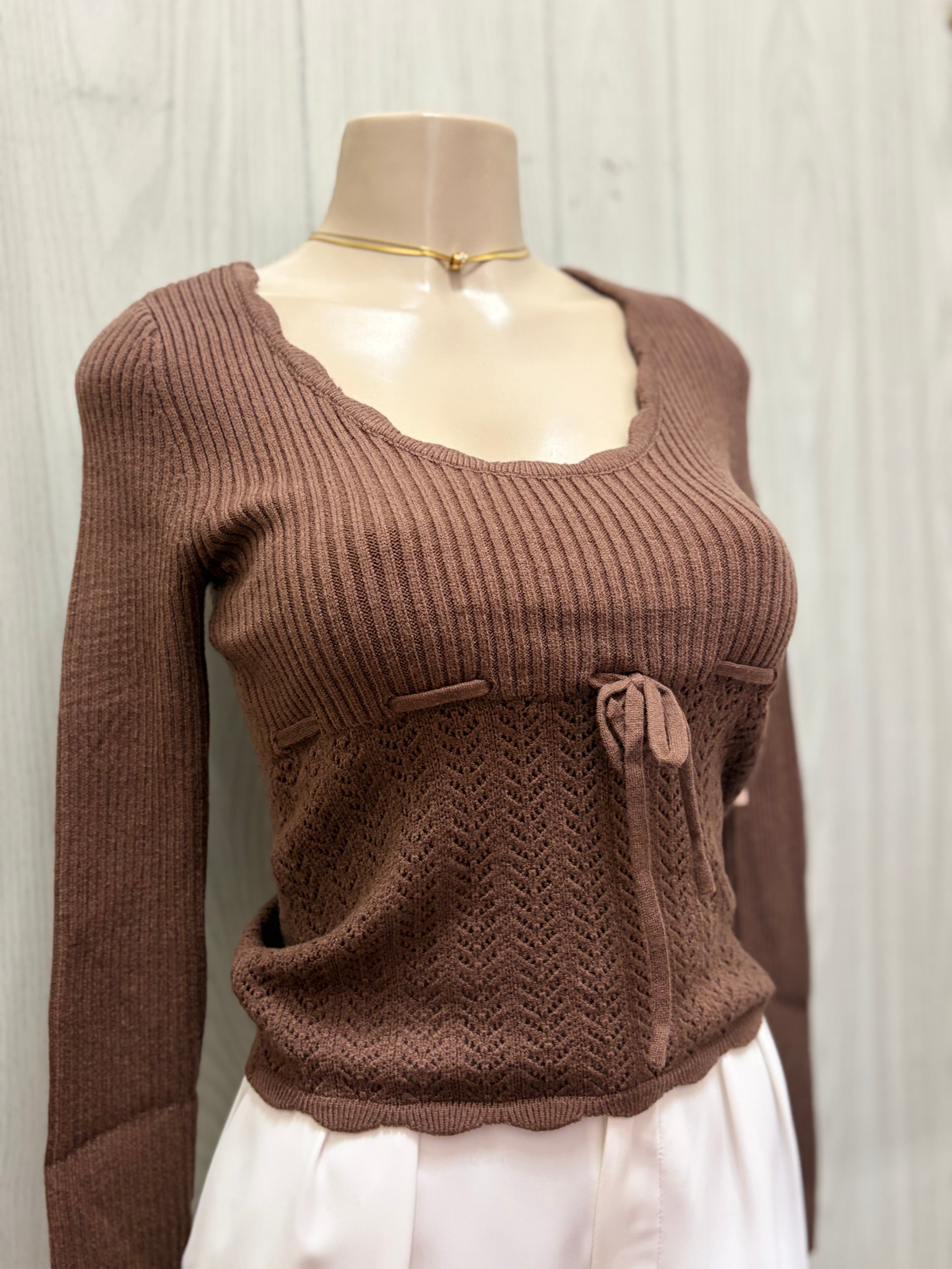 Brown Ribbon Sweater Top