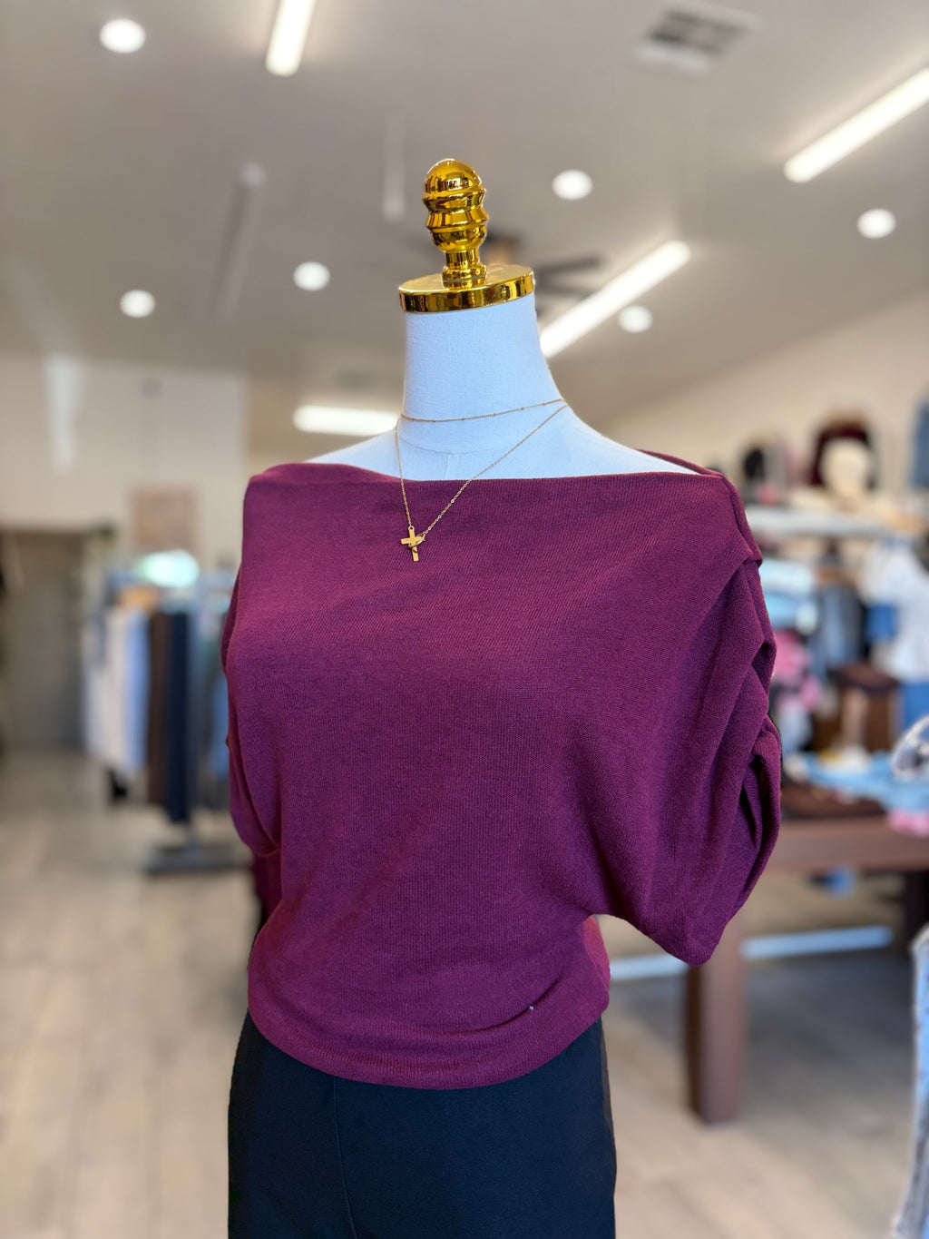 Burgundy One shoulder Ruched Short sleeve knit top