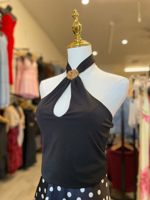 Black Shell Trim Cut Out Halter Tank Top