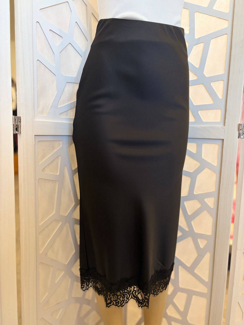 Satin Lace Hem Back slit pencil midi skirt