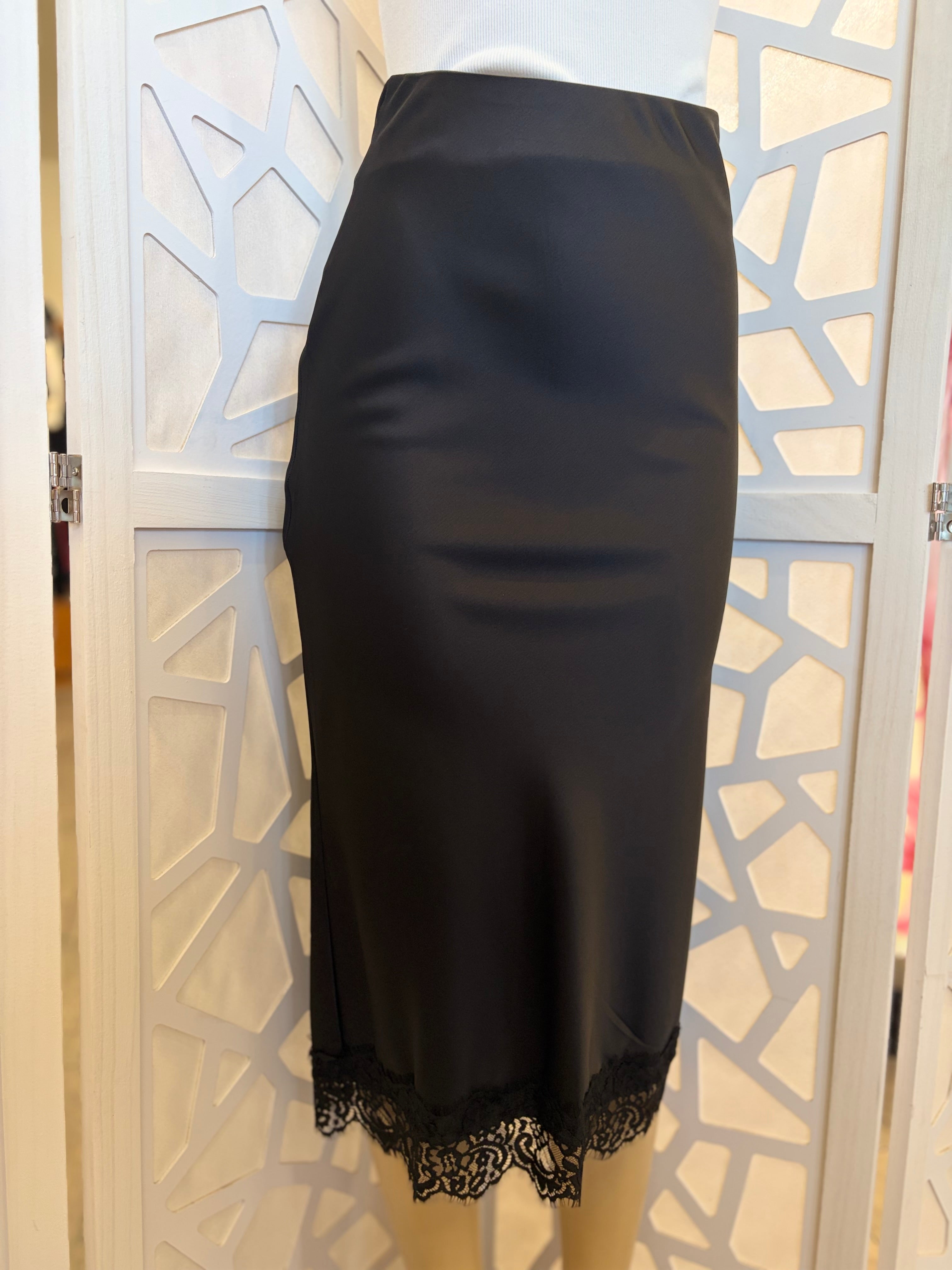 Satin Lace Hem Back slit pencil midi skirt