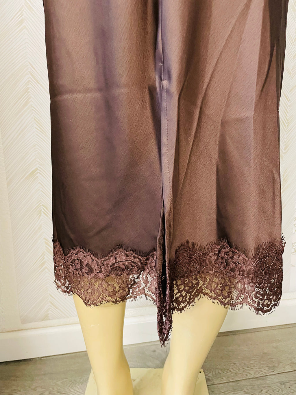 Brown satin lace hem pencil medi skirt