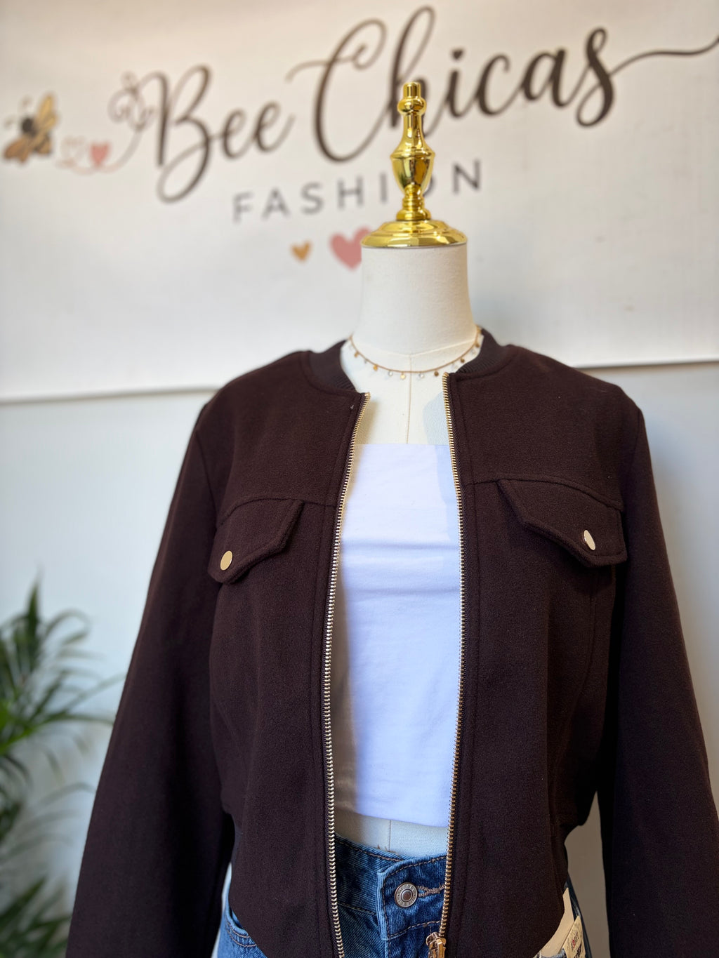 Brown Crew Neck Felt Jacket