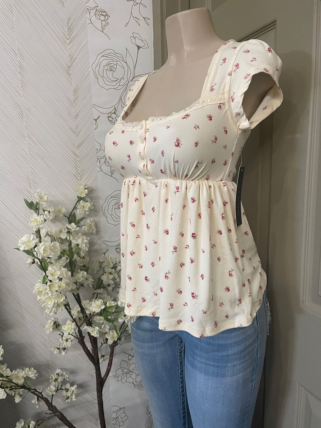 Cream laced babydoll cover stitched top