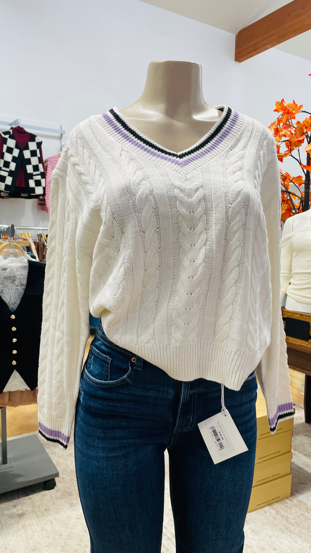 V neck cable sweater