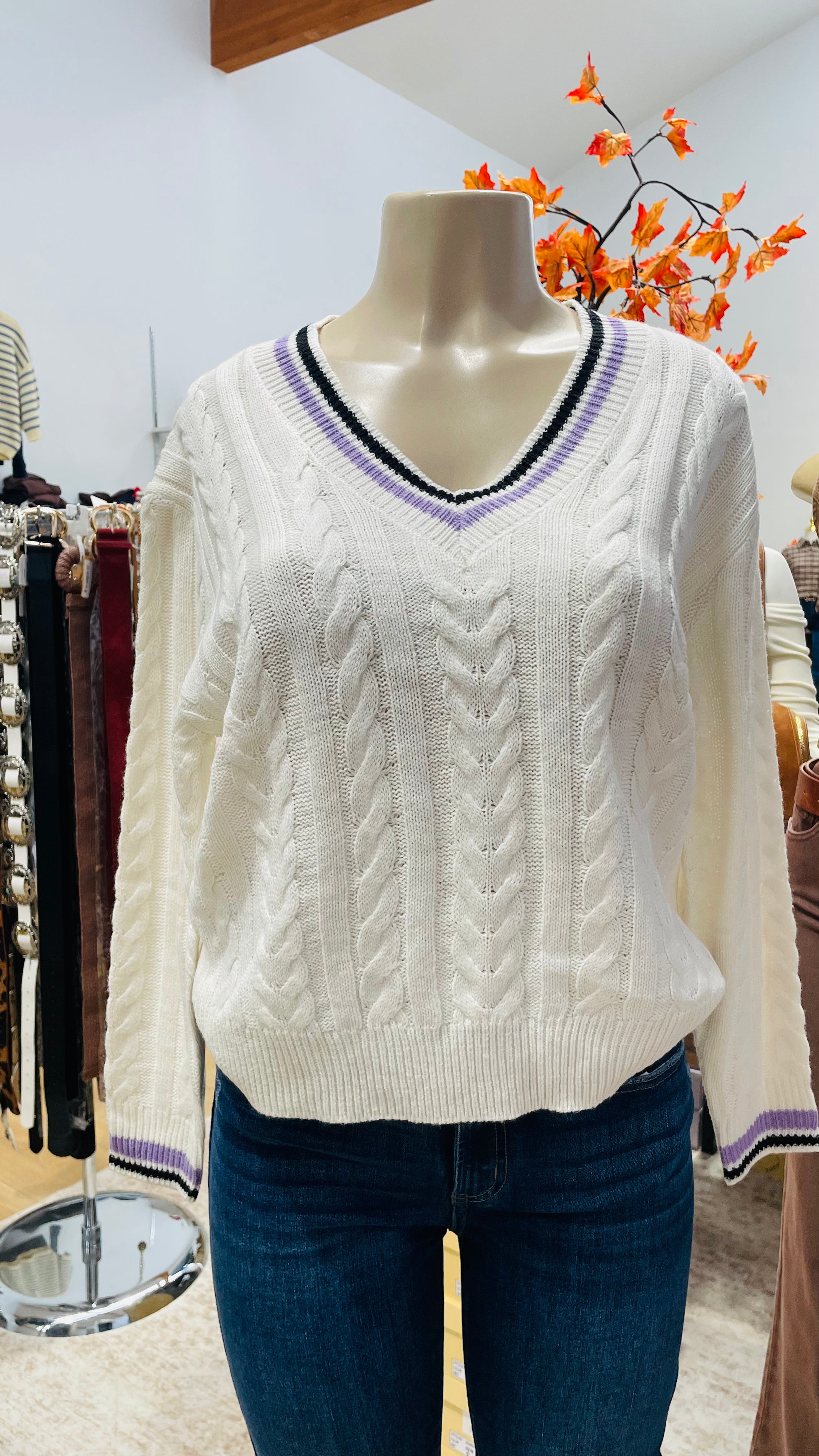V neck cable sweater